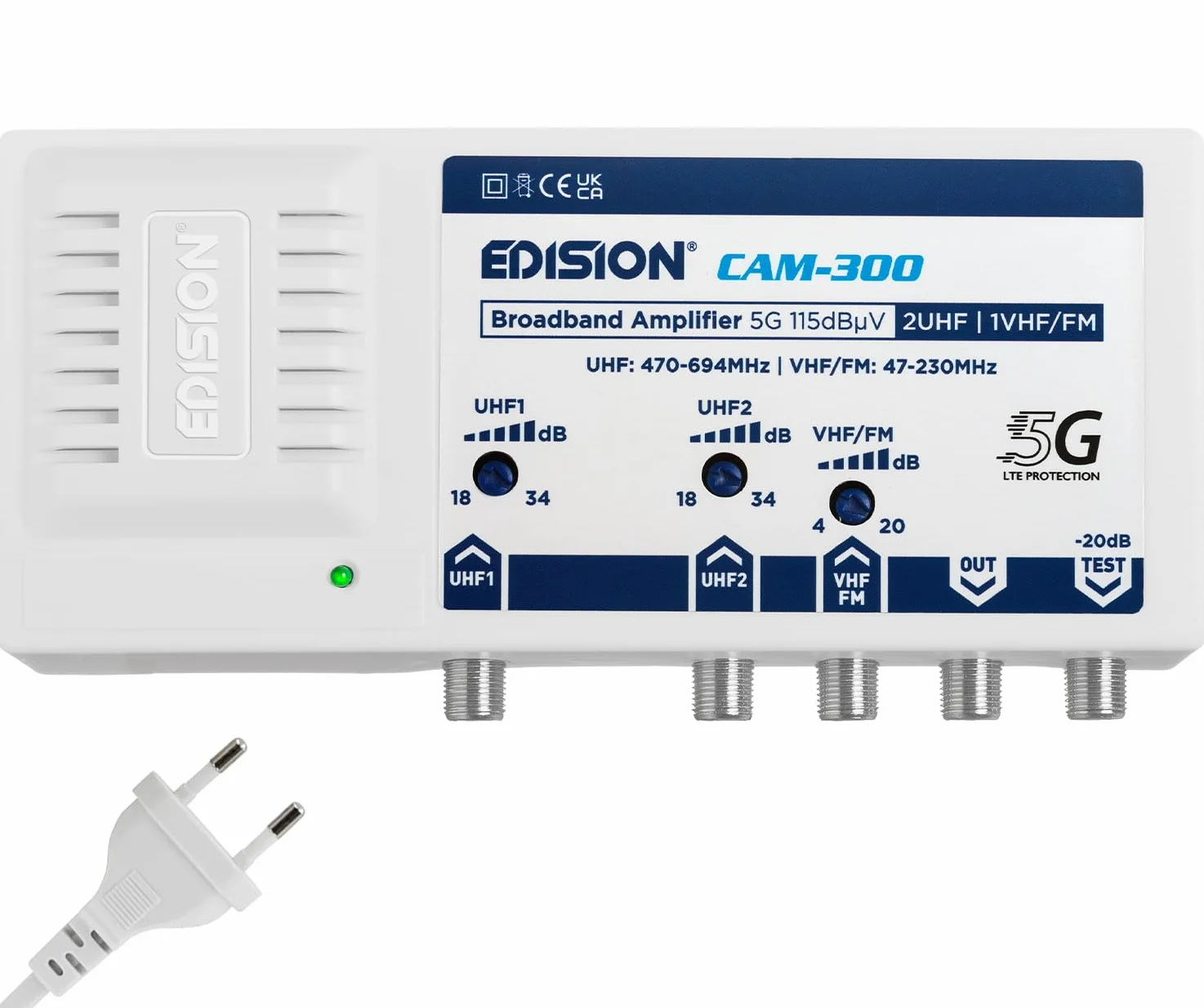 EDISION CAM-300 wzmacniacz anteny telewizyjnej, centralny szerokopasmowy, 2UHF, 1VHF/FM, 18-34 dB regulowany, 115 dBmV, do cyfrowej naziemnej DVB-T/T2, z filtrem 5G LTE, UHF 470-694 MHz, VHF/FM 47-230