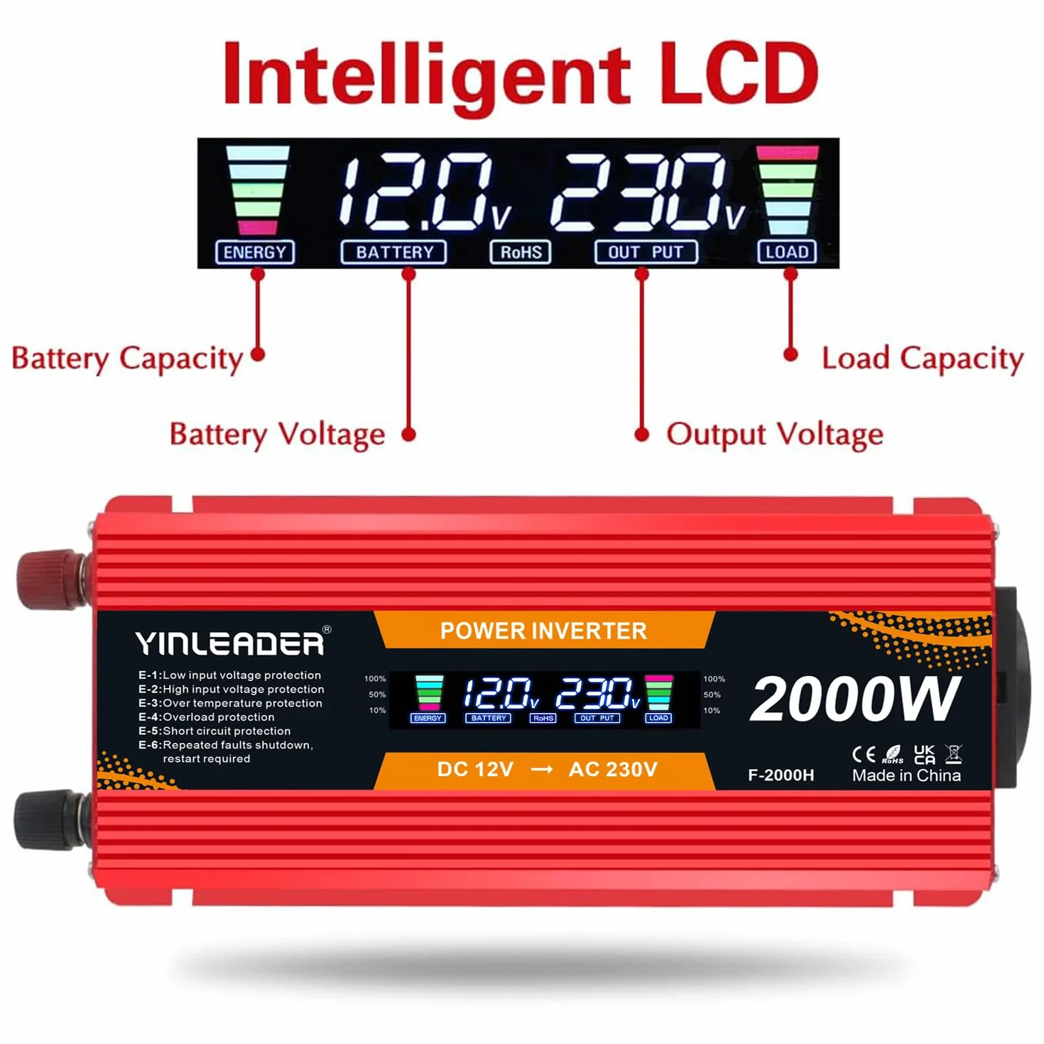 Yinleader Power Inverter 12V 220V 1000W / 2000W Przetwornica napięcia z wyświetlaczem LCD 2USB