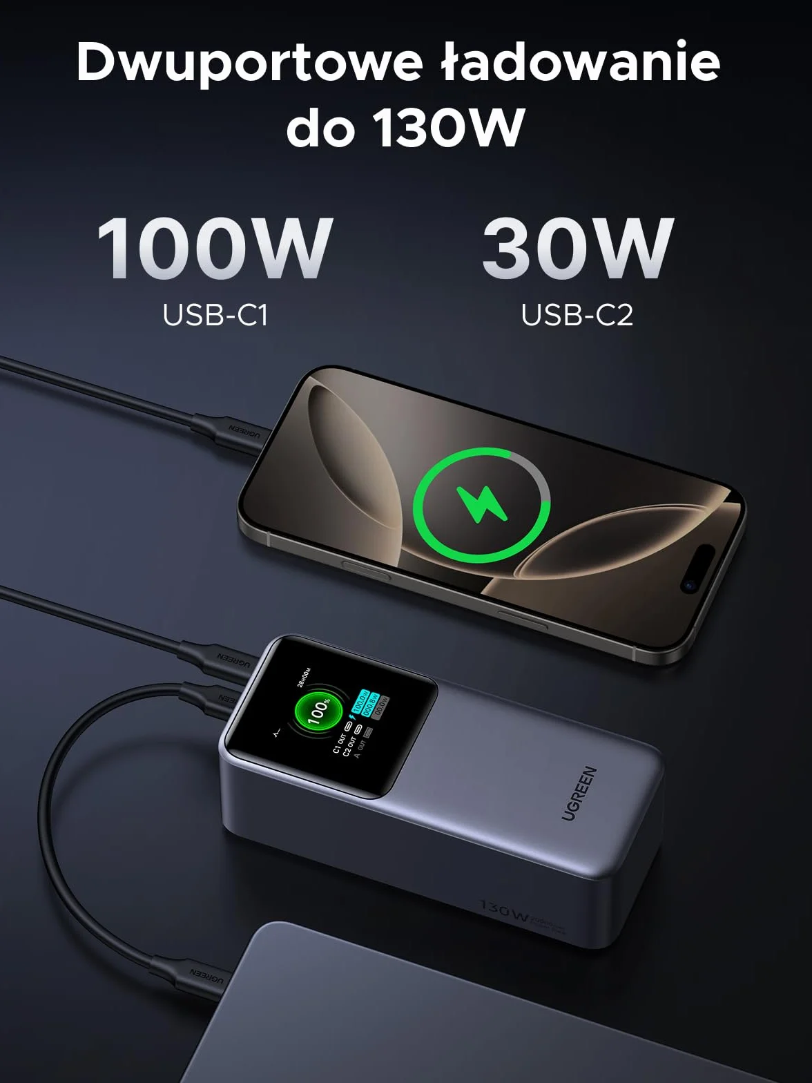 UGREEN Nexode 130W Power Bank, 20000mAh Powerbank z 3 portami, zewnętrzny akumulator z wyświetlaczem cyfrowym, kompatybilny z iPhone 16/15/14 Pro Max, Galaxy S24 Ultra, Macbook Pro, Dell i innymi