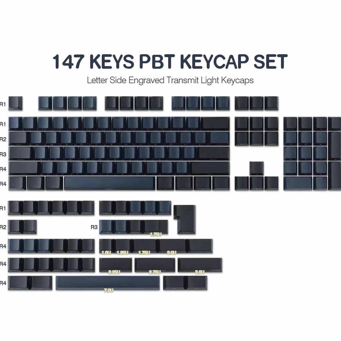 Hyekic Double Shot Keycaps 147 klawiszy Cherry Profile Blue Samurai Letter Side Grawerowane klawisze do ANSI i ISO Layout Cherry MX klawiatura mechaniczna