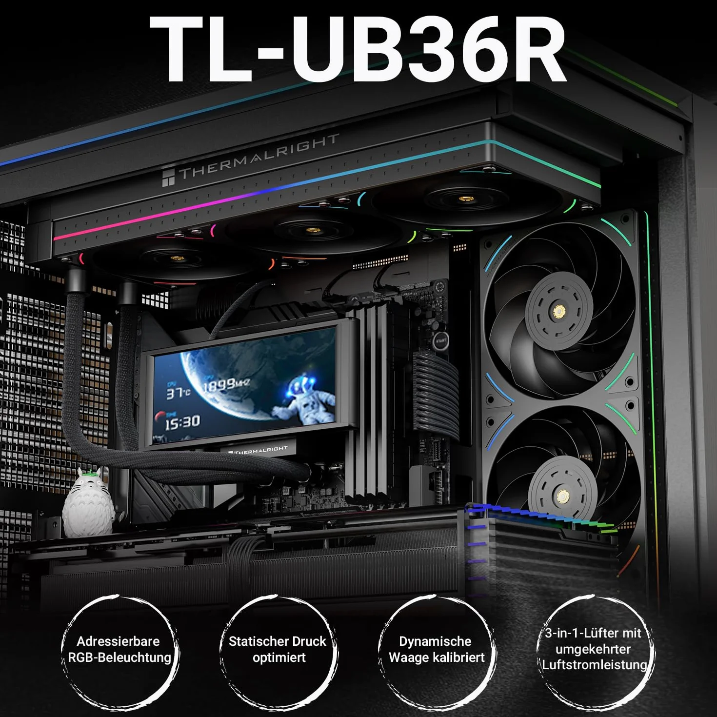 Thermalright TL-UB36R wentylator obudowy 120 mm, 3-pak-PWM, cichy (≤ 27 dB(A), z odwróconą łopatką / oświetleniem ARGB 5 V, do chłodzenia wodą procesora i chłodzenia obudowy, czarny