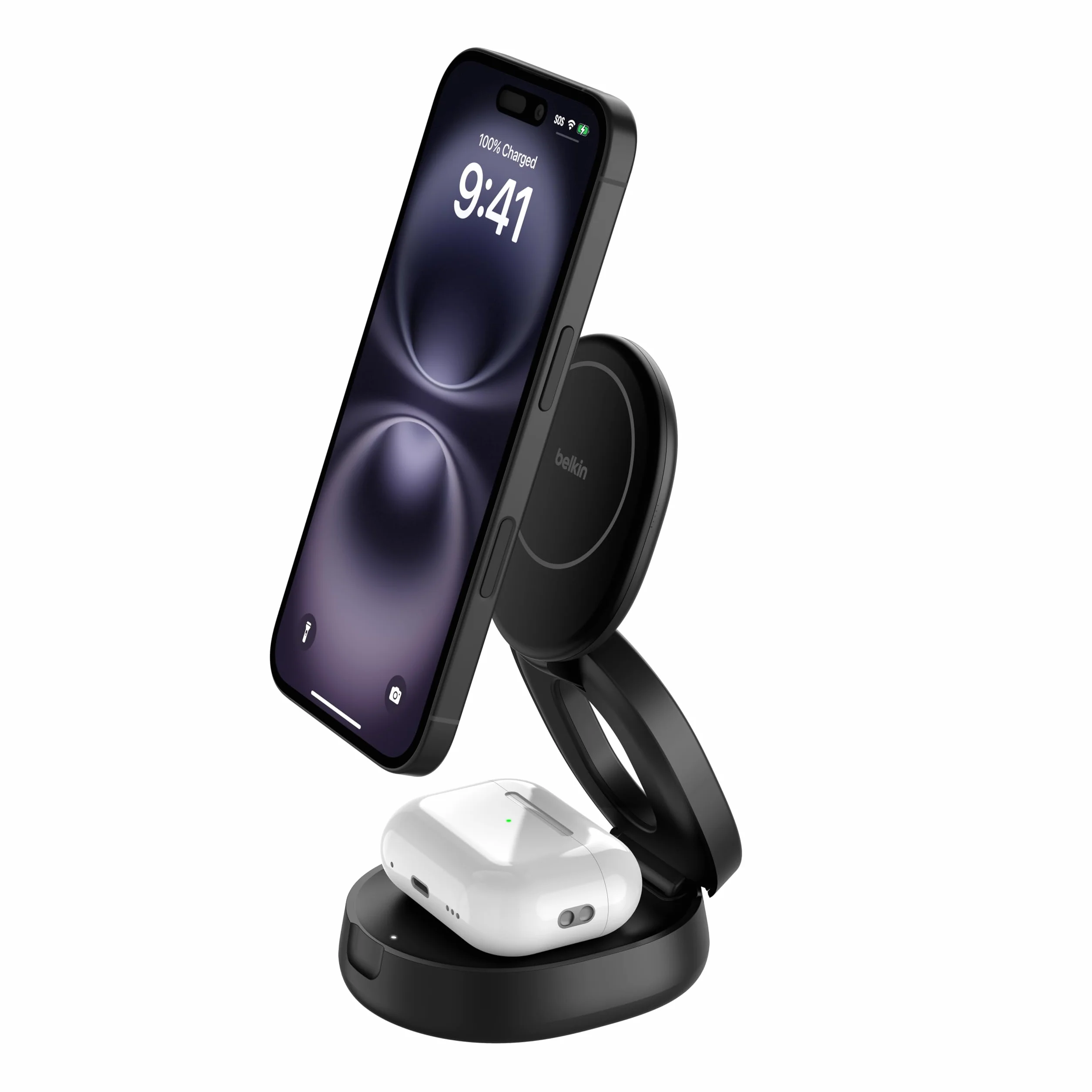 Belkin 2 w 1 Przenośna ładowarka Bezprzewodowa, Rozkładana Bezprzewodowa Stacja ładująca o mocy 15 W, zgodna z MagSafe ładowarka Qi2 do urządzeń iPhone 16 i AirPods, w zestawie ładowarka 30 W – Czarna