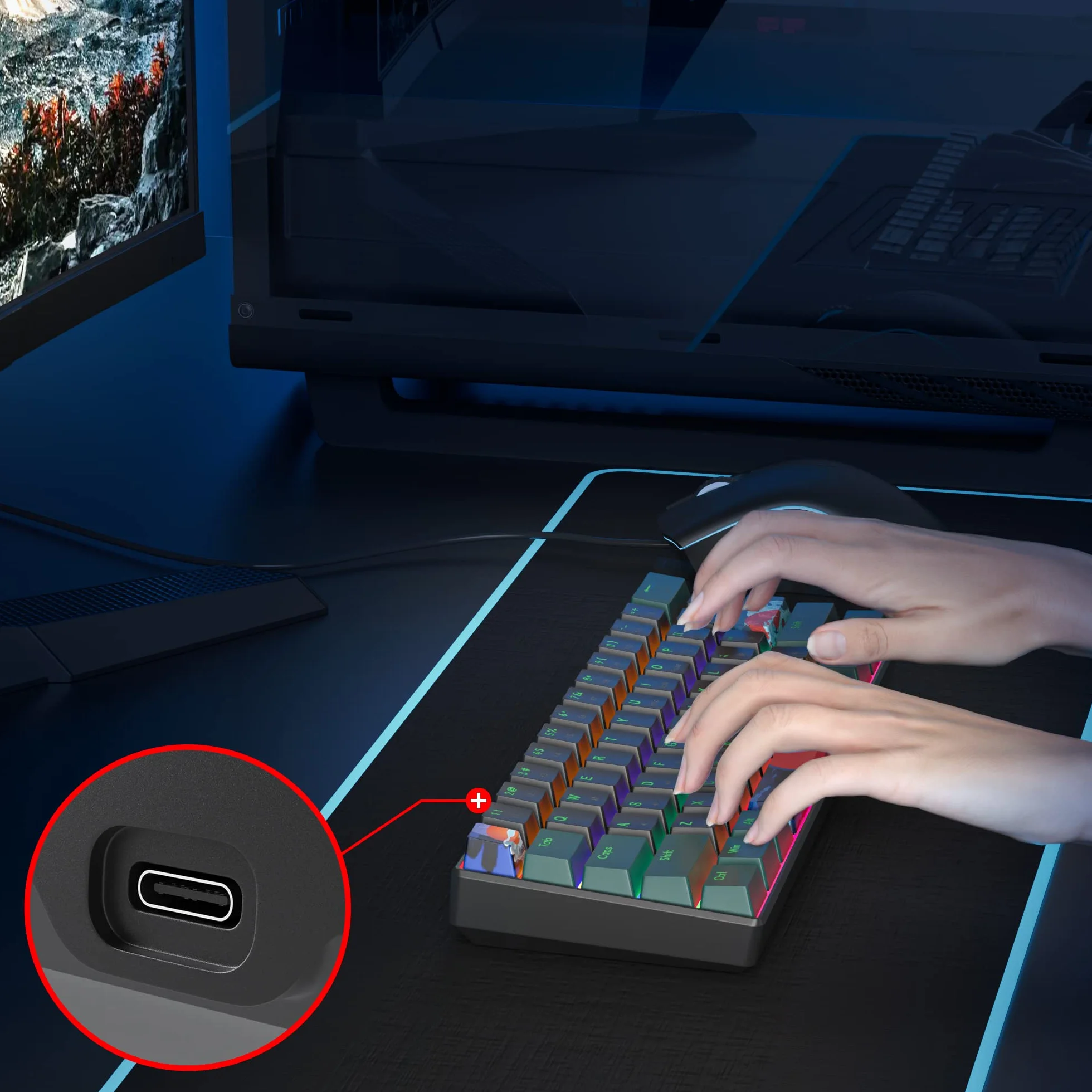 SOLIDEE 60% Mechaniczna klawiatura do gier,61 klawiszy z przełącznikami liniowymi mechaniczna klawiatura z podświetleniem LED,ergonomiczna klawiatura z mieszany oświetleniem(61 Black-Green)