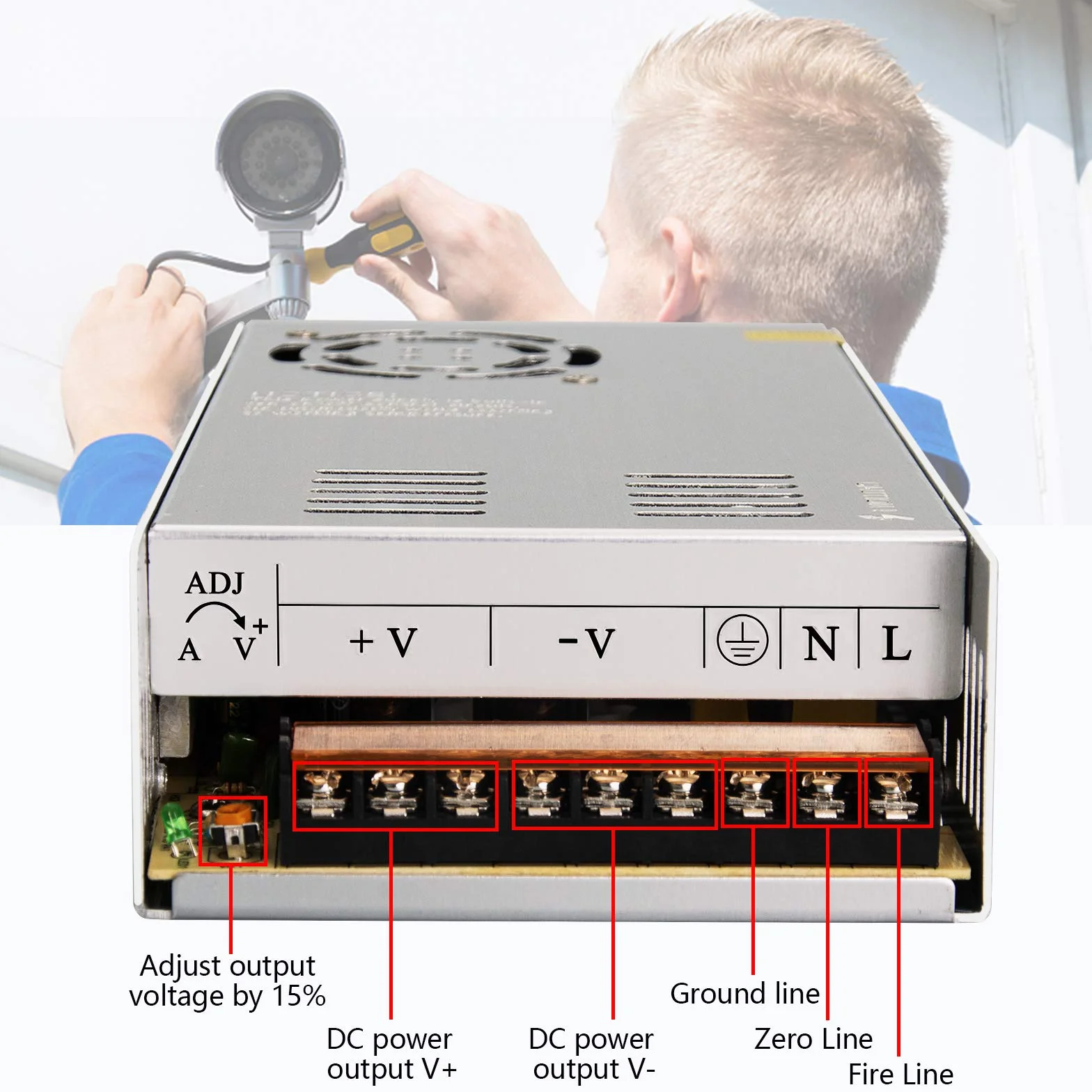 Redrex Uniwersalny regulowany zasilacz impulsowy 24 V 15 A DC, 360 W, zbudowany z wentylatorem chłodzącym o regulowanej temperaturze do CCTV, projektu komputerowego, drukarki 3D, sterownika LED