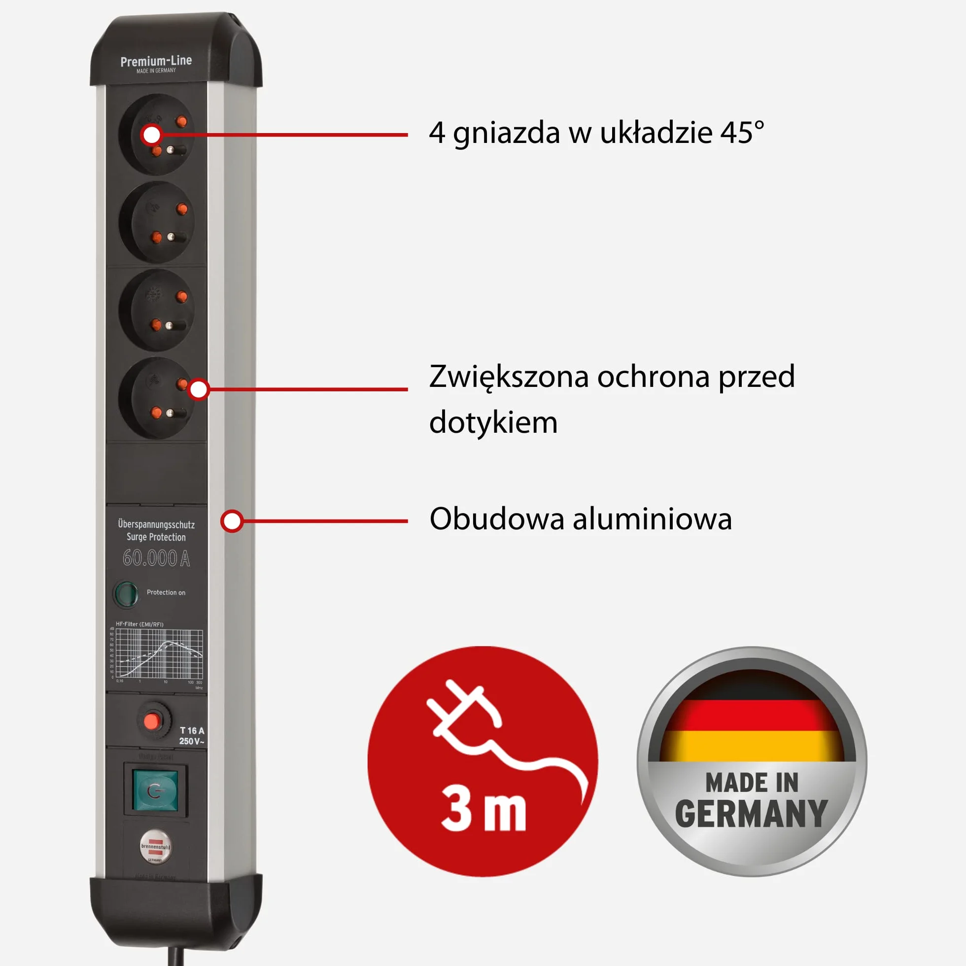 Brennenstuhl Premium-Protect-Line listwa zasilajaca 4-gniazda z ochrona przepieciowa 60.000 A (kabel 3m, z wylacznikiem, Made in Germany) srebrno/czarna