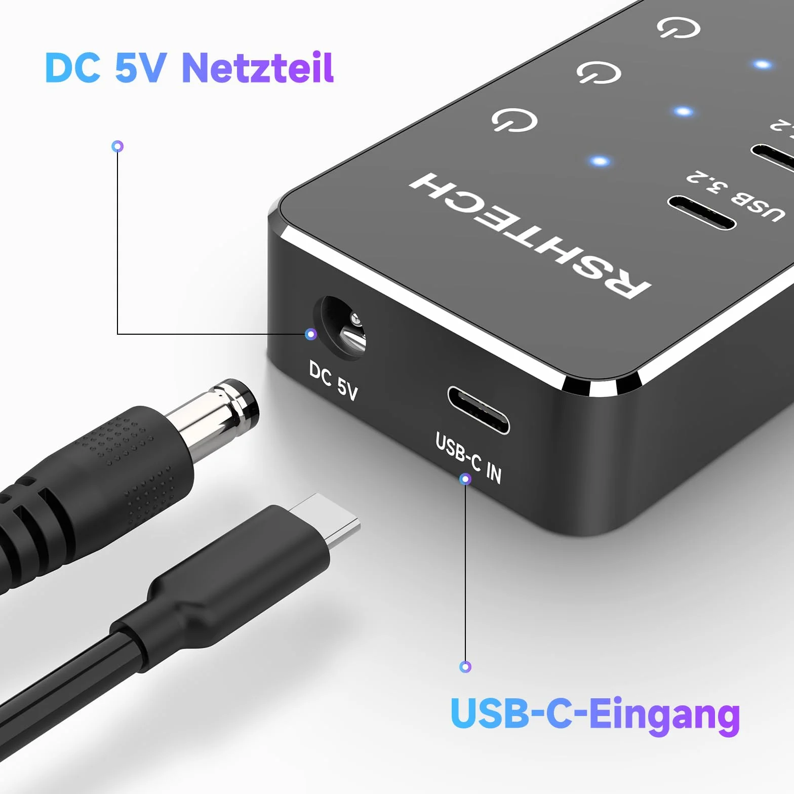 USB C 3.2 Hub Aktywny z zasilaczem, RSHTECH 7-portowy USB 3.1 Gen2 Hub z 3 * 10Gbps portami danych (Typ-A, 2 * Typ-C), 4 * portami Typ-A 3.0 5Gbps, przełącznik dotykowy, kabel danych 2-w-1 (100cm