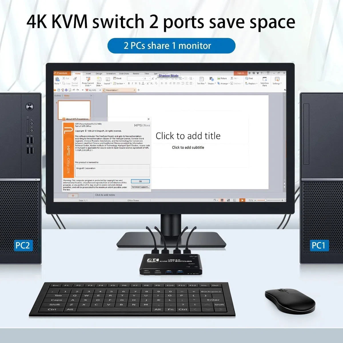 USB HDMI Przełącznik KVM - 2 PC 1 Monitor 4K@60Hz 4 portami USB 3.0 do współdzielenia klawiatury, myszy, drukarki, skanera itp