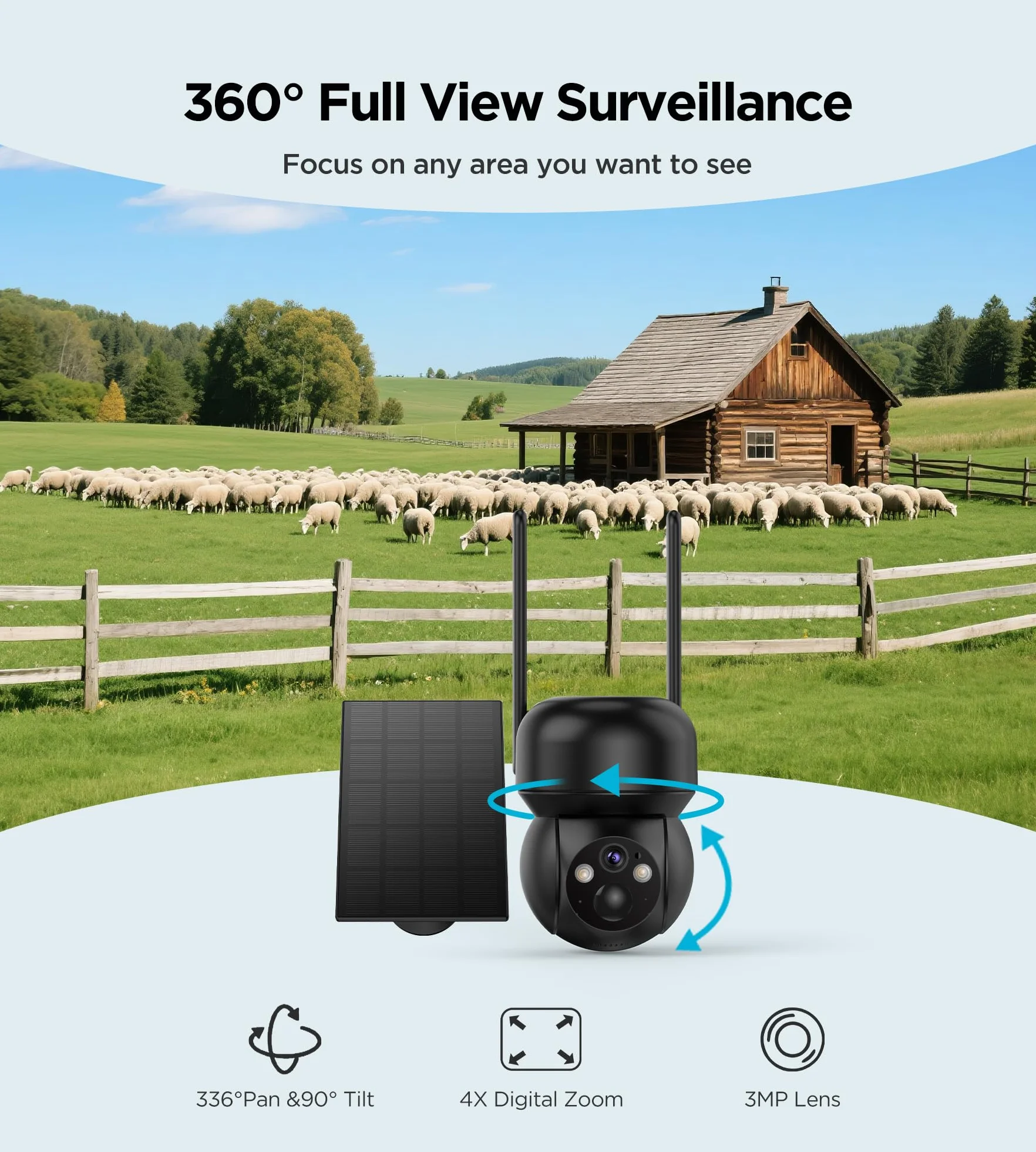 Kamera monitoringowa 4G LTE 2K z baterią solarną, zewnętrzna IP bez Wi-Fi, obracana 336°/90°, detekcja ruchu