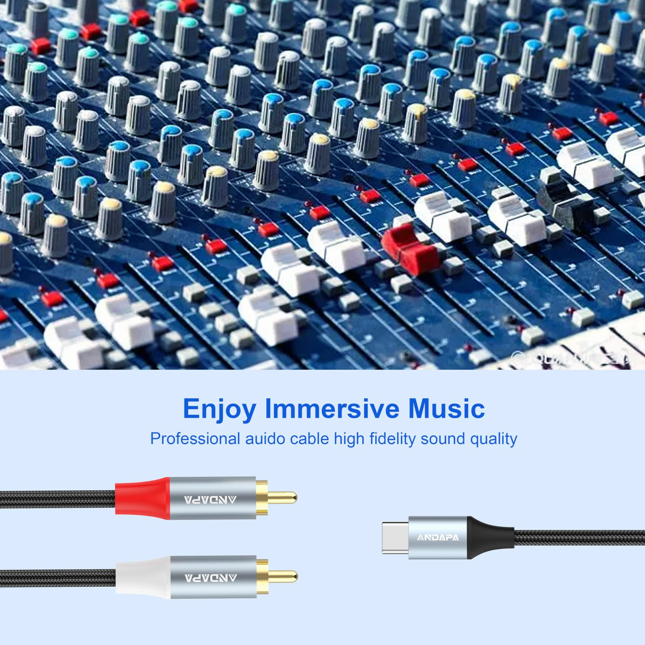ANDAPA 1.5M Przewód Audio USB-C na RCA, kompatybilny z iPhone 15/16/17, Tabletami, Kinem Domowym, DVD, Wzmacniaczem, Głośnikami, Radiem Samochodowym, Samsung Galaxy S23
