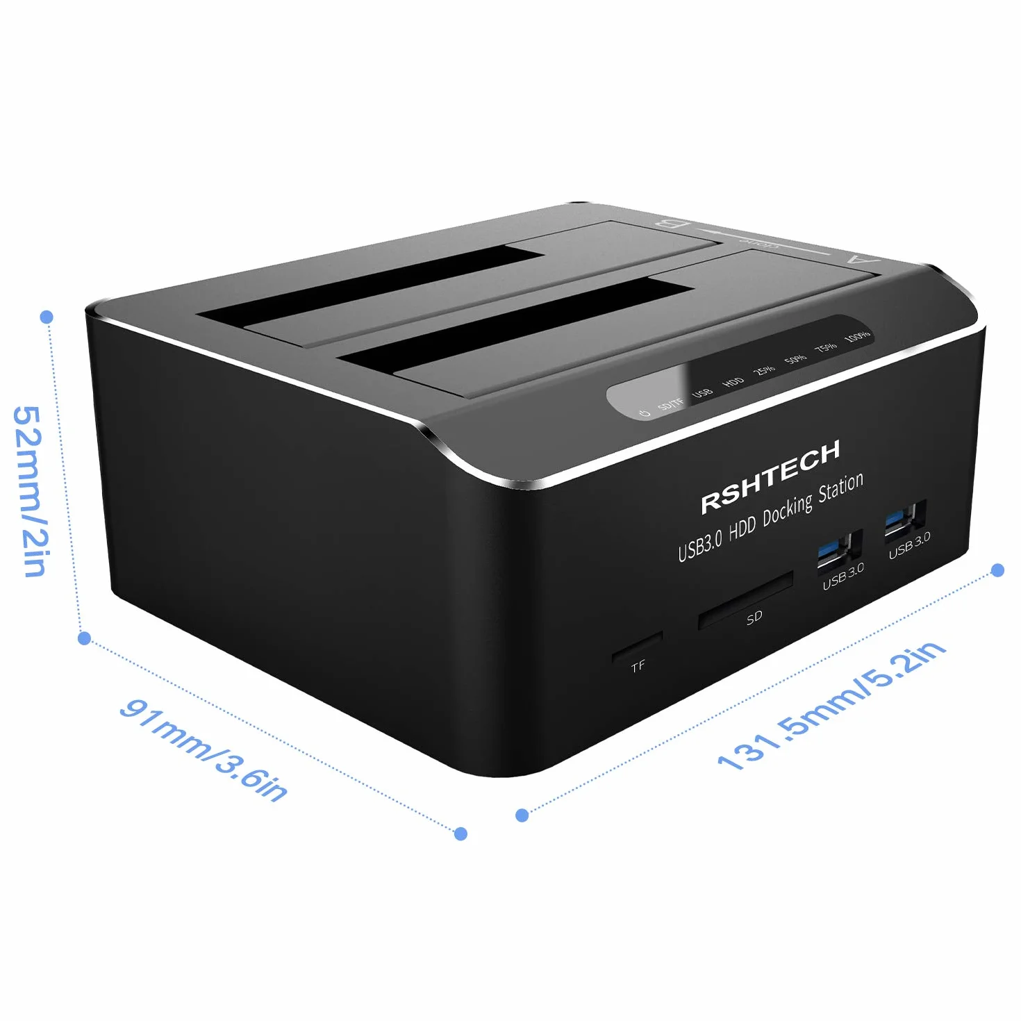 RSHTECH Stacja dokująca dysku twardego USB 3.0 SATA HDD SSD 2.5 3.5 z Czytnikiem Kart SD TF Klonowanie Offline 2 x Napęd 16TB 6Gbit/s
