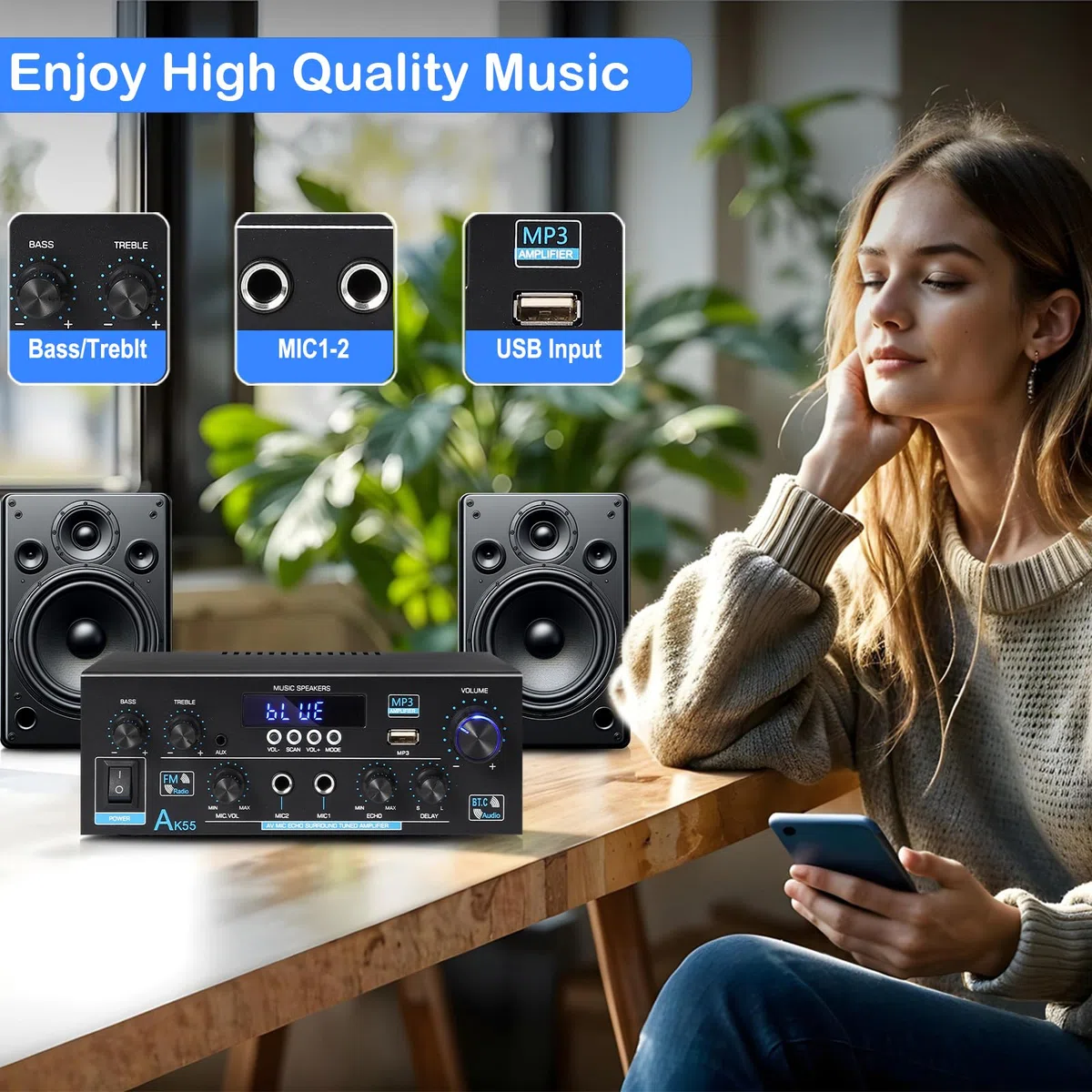 Wzmacniacz HiFi WOOPKER Mini wzmacniacz, 500 W, 2 kanały Bluetooth HiFi Stereo w/radio FM, USB, SD, RCA, MIC In, wzmacniacz audio, odbiornik do domu lub samochodu (AK55)