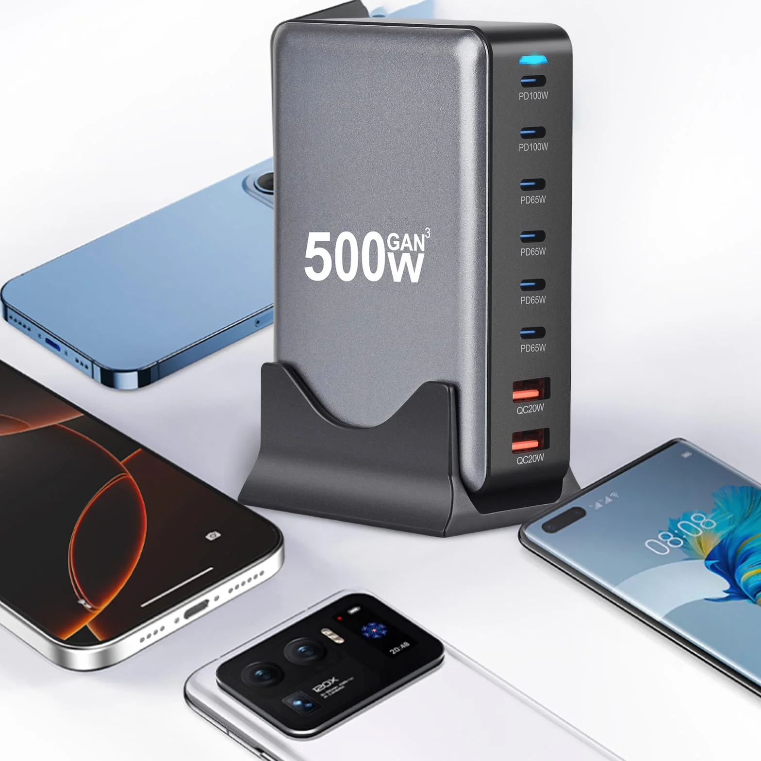 Ładowarka USB C 500 W, 8 portów, adapter do szybkiego ładowania z GaN III i PD 3.1, z 6 USB-C i 2 USB-A PD PPS Charger 100 W zasilacz sieciowy do MacBook, iPhone, laptop, iPad, Samsung