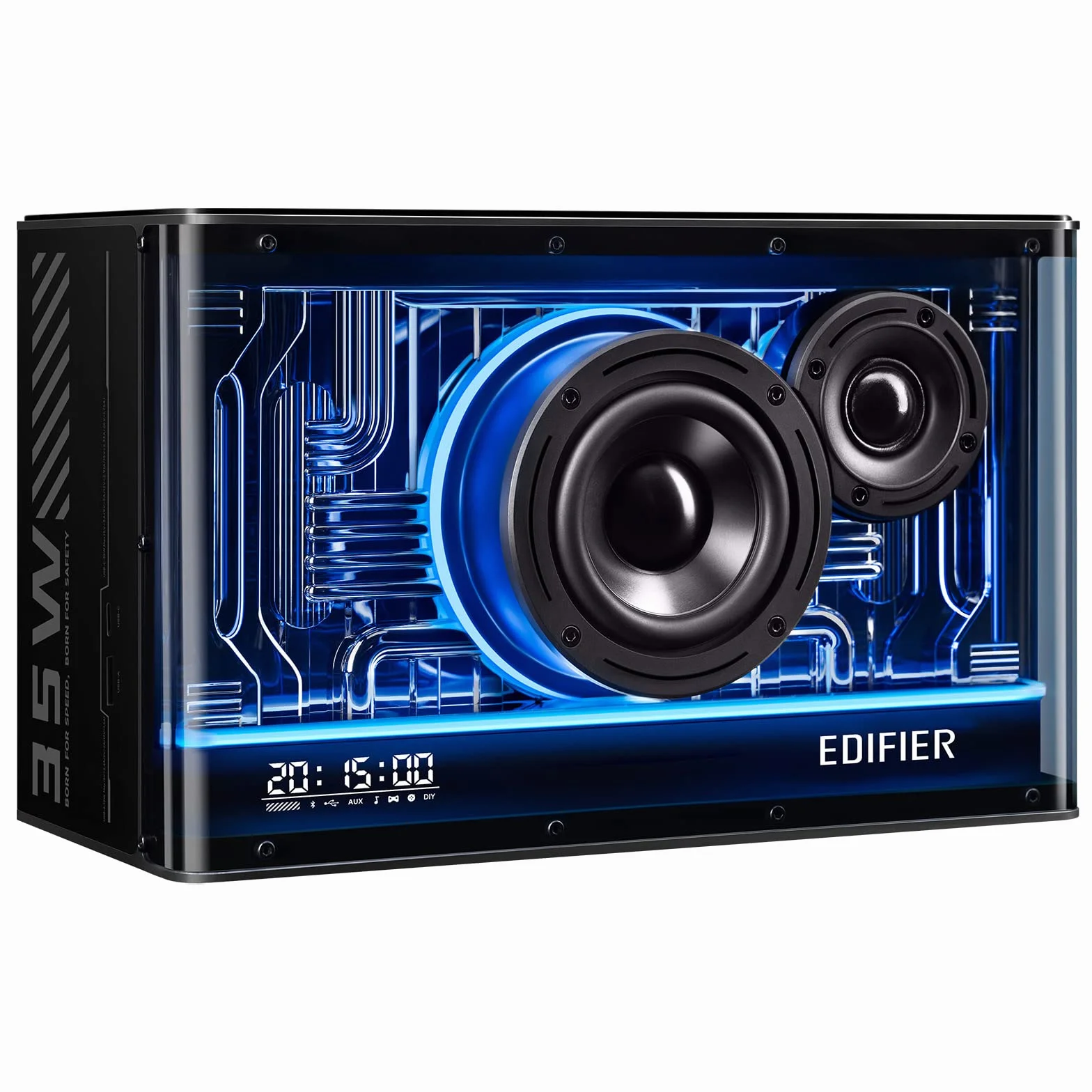 Edifier QD35 kompaktowy system głośników Bluetooth z efektami świetlnymi RGB, Bluetooth V5.3 i dwoma ultraszybkimi portami ładowania. Certyfikat Hi-Res Audio.