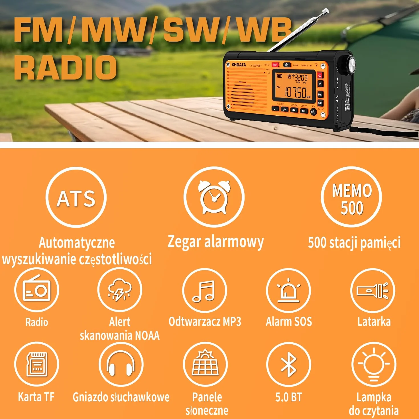 XHDATA D608WB - przenośne radio awaryjne zasilane energią słoneczną, akumulator 3000 mAh, ładowanie USB, Bluetooth, 3 tryby latarki i światła do czytania