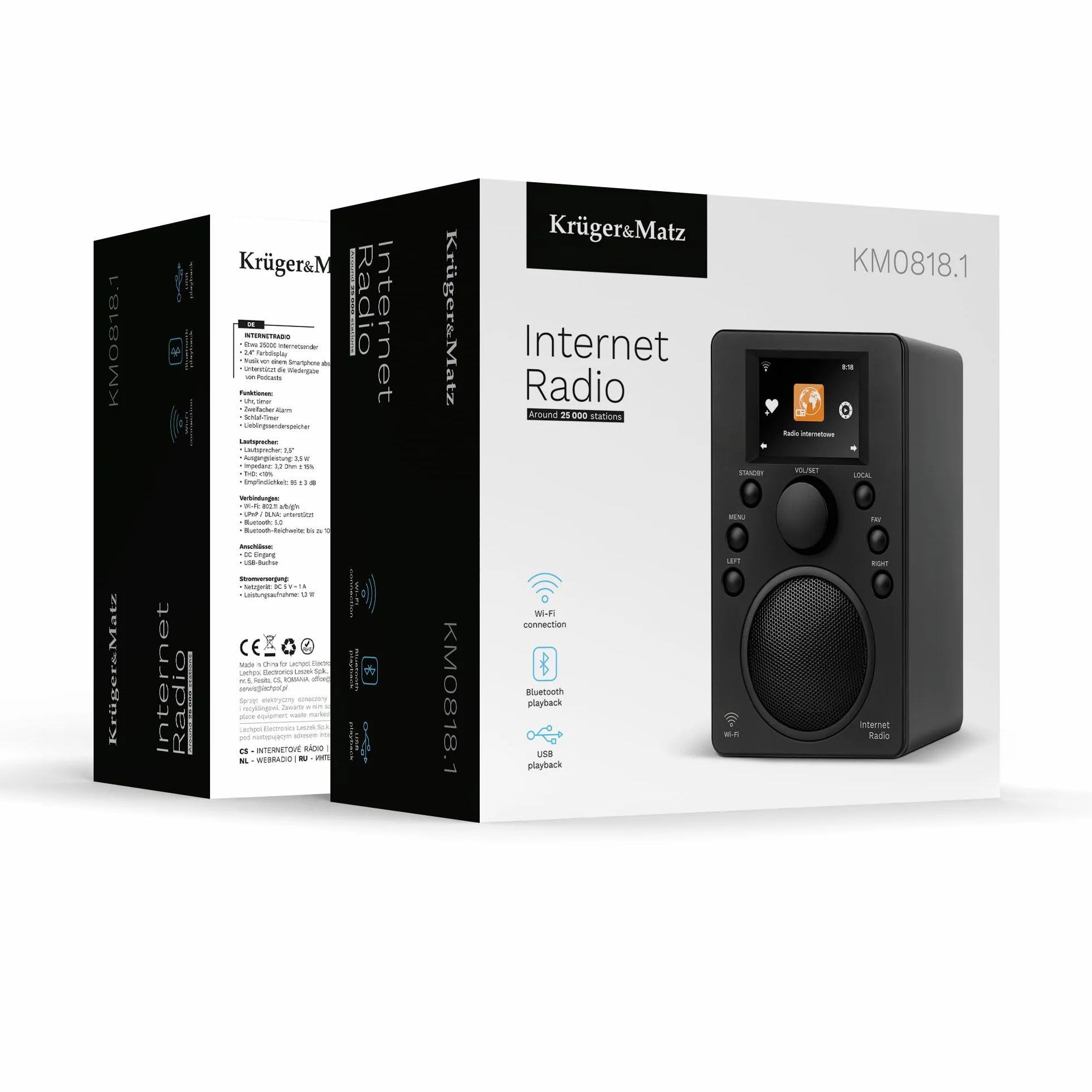 Krüger&Matz Radio Internetowe Bluetooth 5.0 Wyświetlacz 2,4" Wi-Fi Budzik KM0818.1