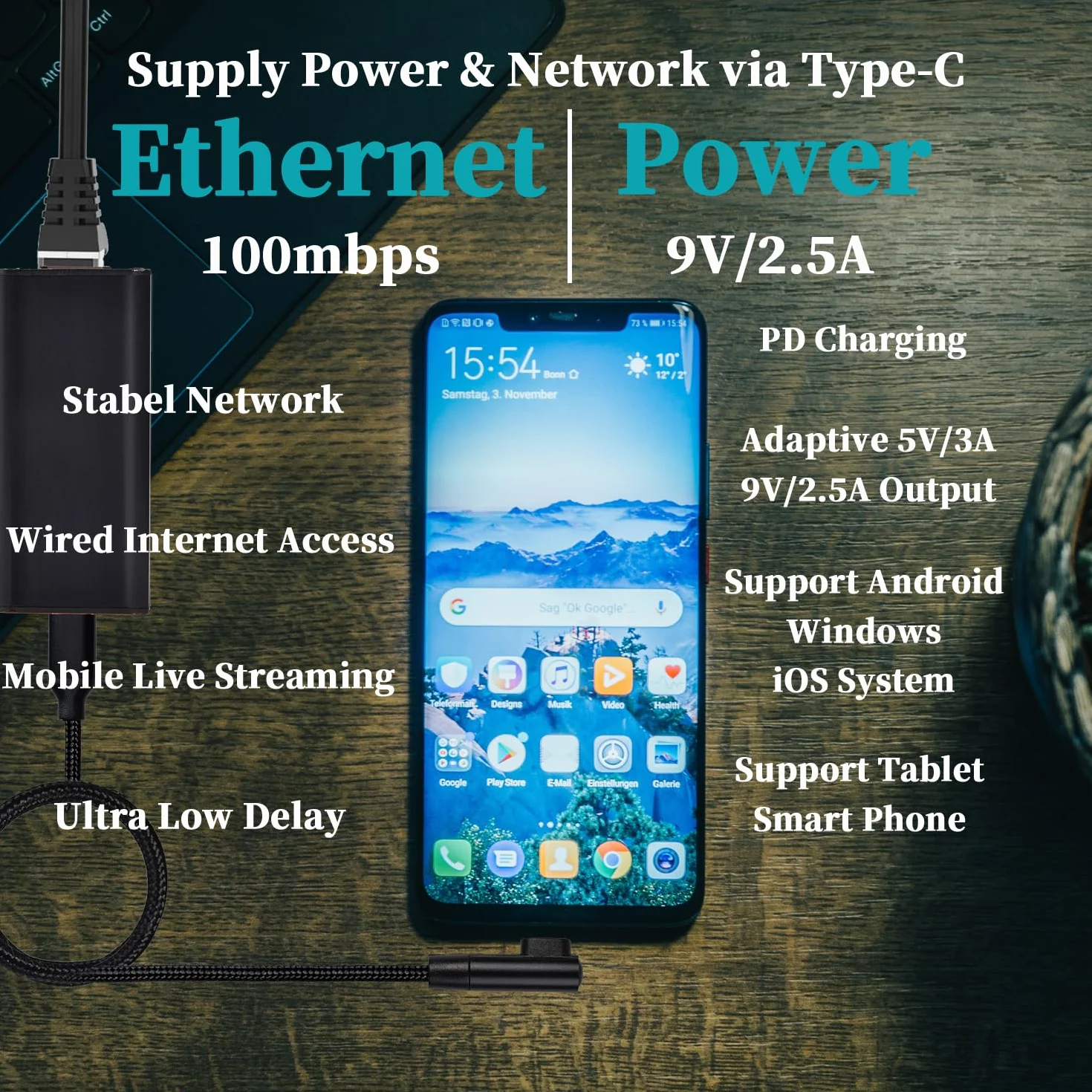 Revotech Konwerter PoE na USB C 5V/3A 9V/2,5A IEEE802.3af/at Ethernet Ładowanie PD