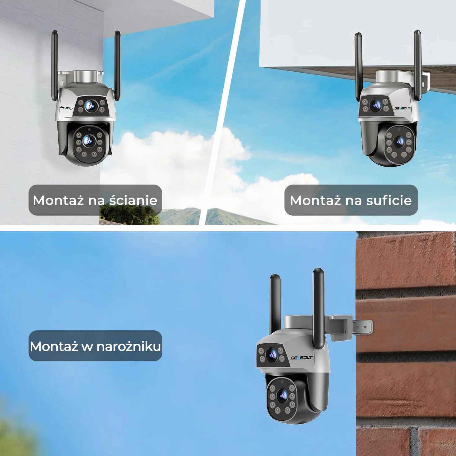 GENBOLT Kamera WiFi Zewnętrzna z Podwójnym Obiektywem, 2,4 i 5 GHz Przewodowa Kamera IP CCTV z Funkcją Color Night, Wykrywaniem Humanoidów, Automatycznym śledzeniem [Nagrywanie 24/7]