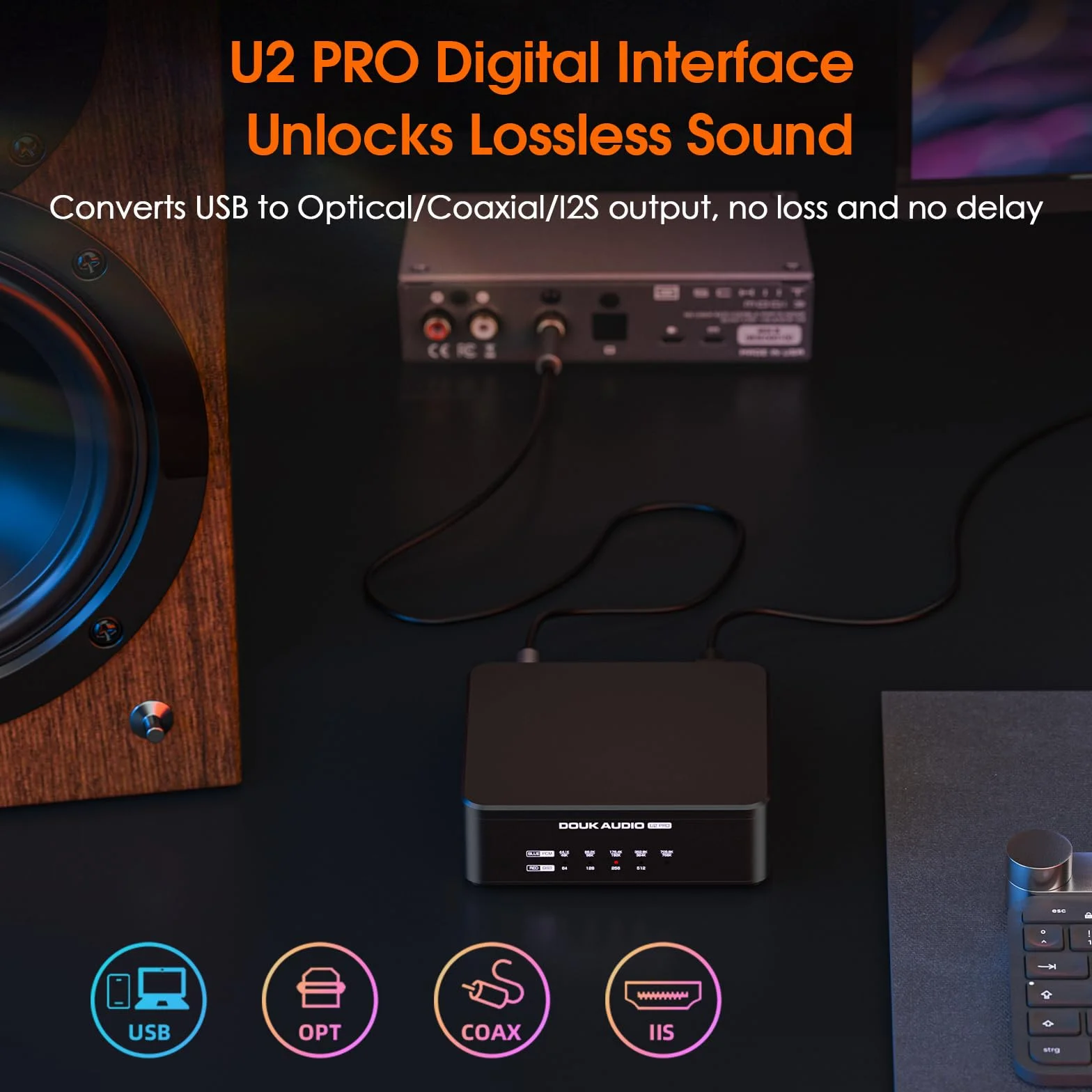 Cyfrowy interfejs USB (DDC) Douk Audio U2 PRO XMOS XU316, USB-C do optycznego/koncentrycznego/HDMI-IIS, DSD512/PCM768kHz, przenośny cyfrowo-analogowy konwerter audio do wzmacniacza DAC/PS5/