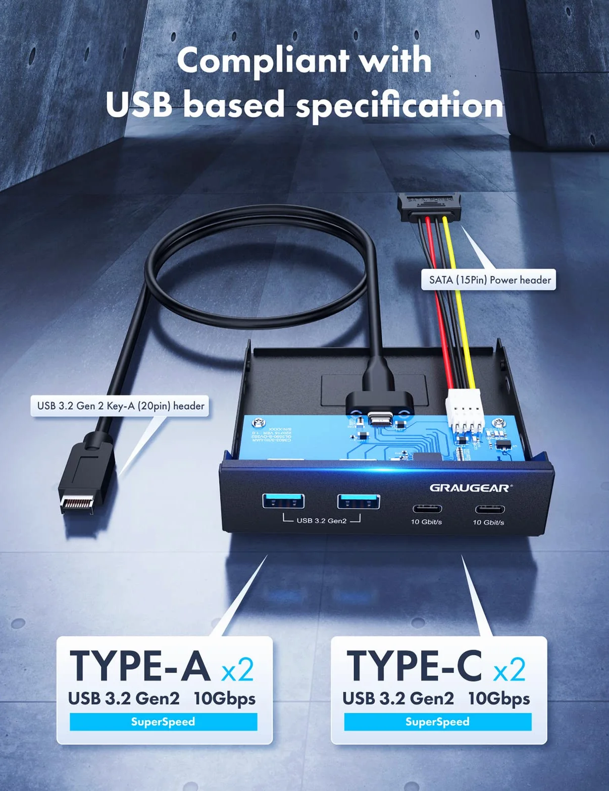 GRAUGEAR | 4 porty 10 Gbit/s panel przedni | 2 x USB-C+2X USB-A USB3.2 Gen2 HUB | osłona przednia do kieszeni 3,5 cala | USB3.2 Gen2 Key A 20-pinowy nagłówek | metal | G-MP02