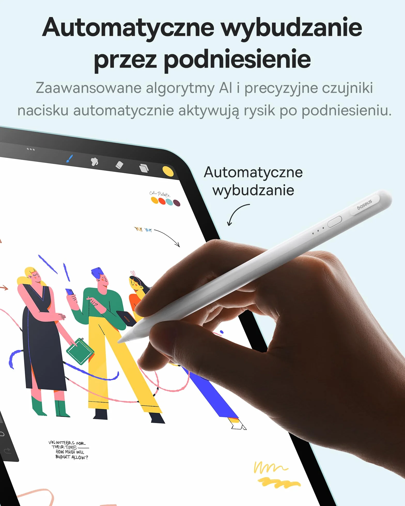 [1:1 Oryginał] Baseus Rysik do iPad 2018-2024, 17 Godziny Autonomii, Odrzucanie Dłoni, Czulność Do Nachylenia, Stylus do iPad 6/7/8/9/10, iPad Pro 11"/12.9"/13", Air 3/4/5/6, Mini 5/6
