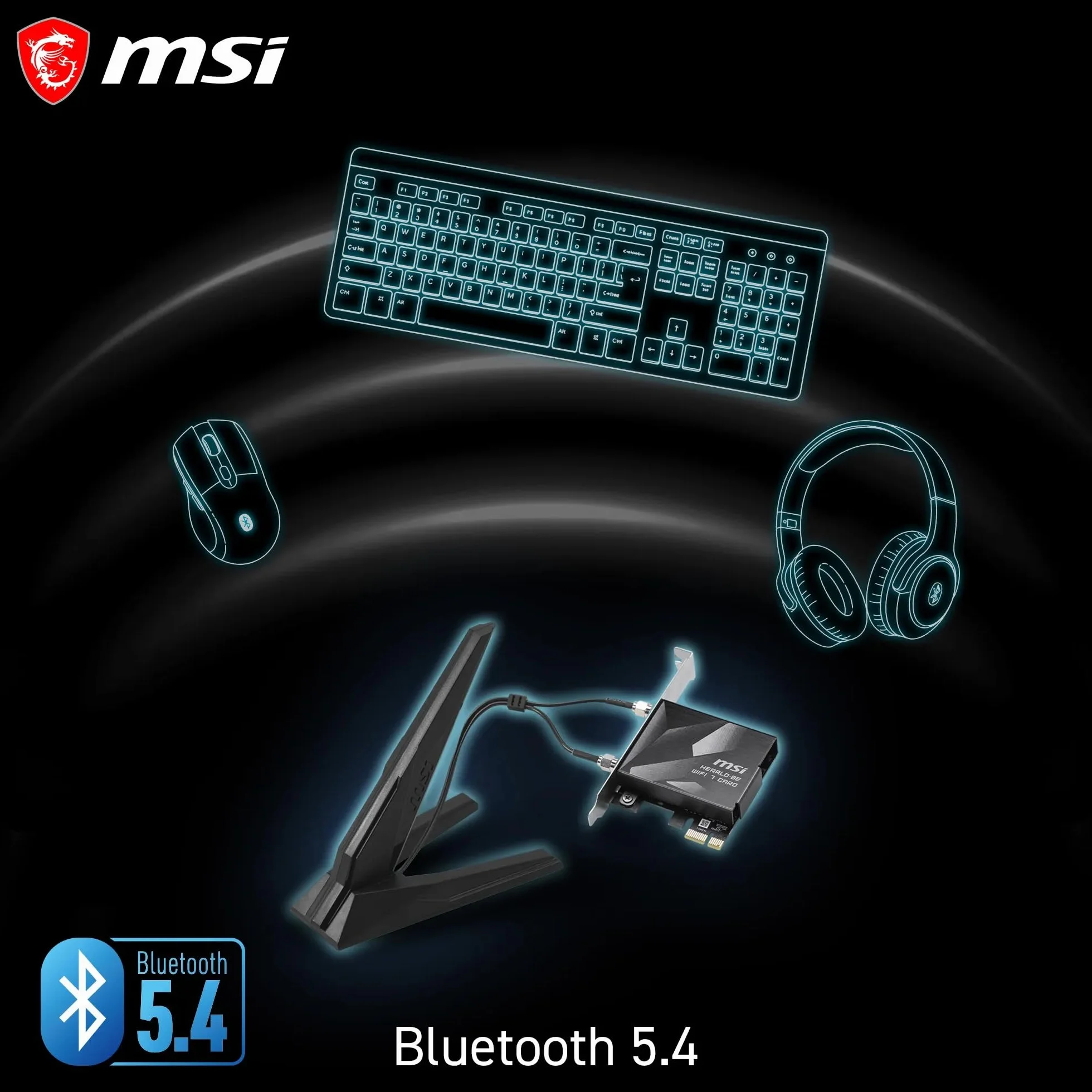 MSI Herald BE9400 7-pasmowa karta PCIe WiFi do komputera stacjonarnego, Bluetooth 5.4, 6 GHz, MLO, 320 MHz, 5,8 GB/s