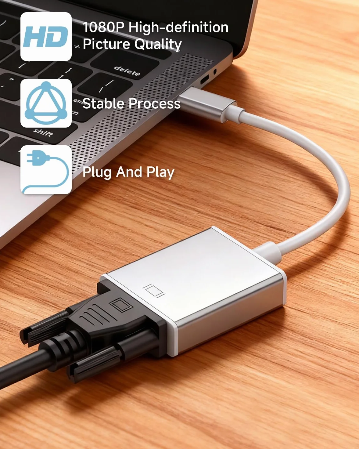 Adapter USB C na VGA, kompatybilny z Thunderbolt 3/4, konwerter męski na żeński, rozdzielczość 1920x1200 dla MacBook Pro/Air, iPhone 15 Plus Pro Max, aluminiowa obudowa, akcesoria multimedialne