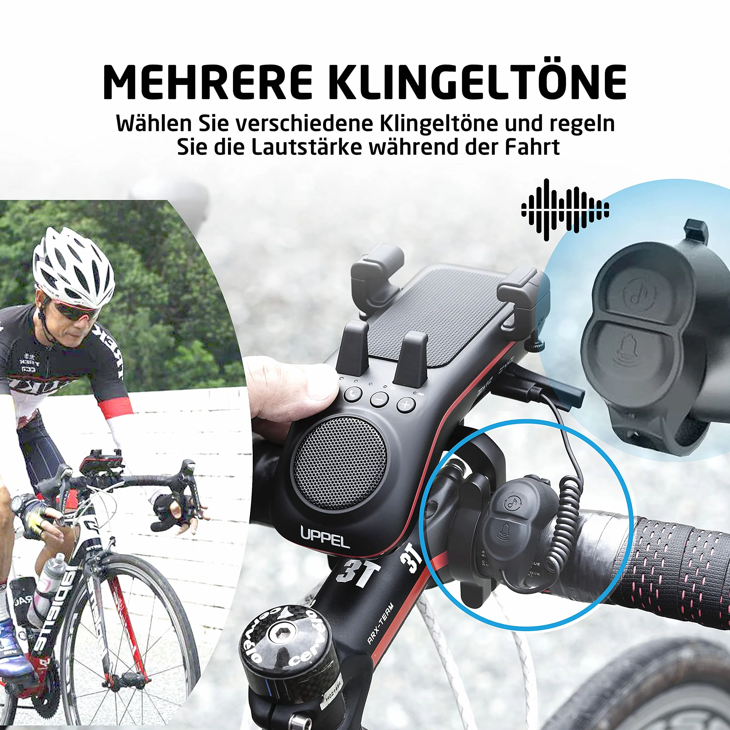 UPPEL Uchwyt rowerowy na telefon komórkowy z głośnikiem Bluetooth, powerbank 5000 mAh, dzwonek, mikrofon – wielofunkcyjny tryb TF/SD/AUX, do ekstremalnych i rekreacyjnych sportów rowerowych, rowerów