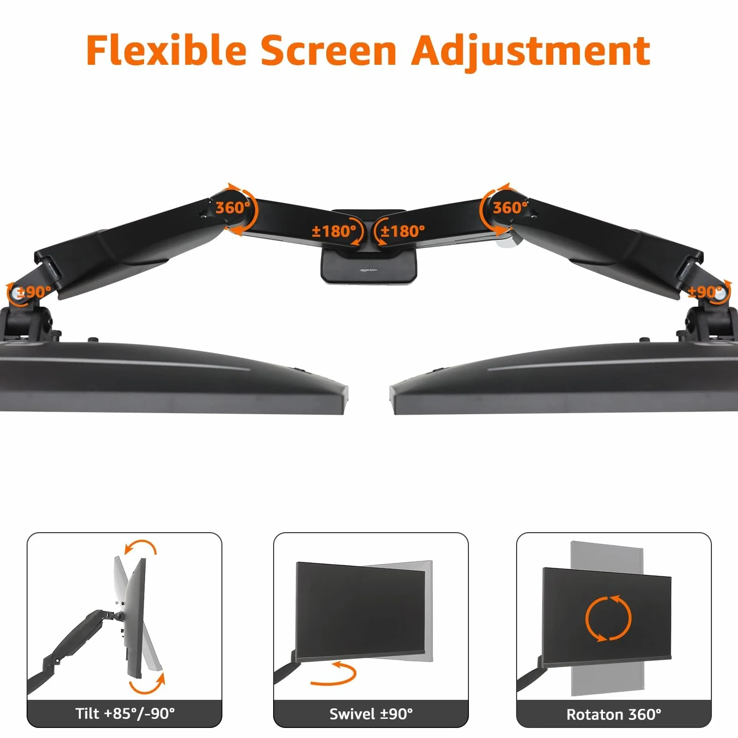 Amazon Basics Uchwyt Biurkowy na Dwa Monitory Komputerowe, Ramię Monitora ze Sprężyną Gazową, Regulacja, do Monitorów o Przekątnej do 27 Cali (68,6 cm), Czarny