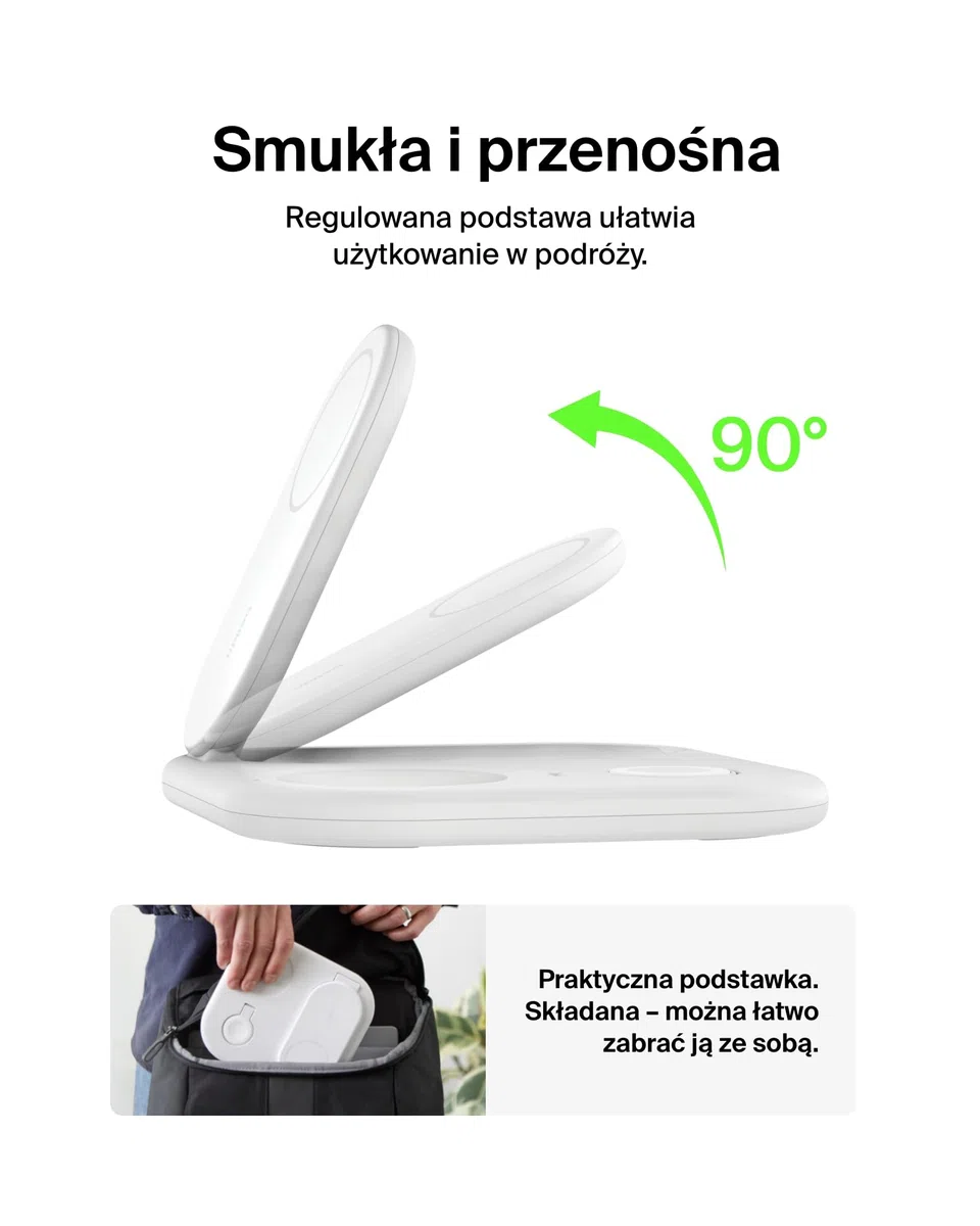 Belkin BoostCharge magnetyczna ładowarka ze składaną podstawką 3 w 1 z Qi2 15 W, szybka ładowarka zgodna z MagSafe, do urządzeń Apple iPhone 16/15/14, Apple Watch, AirPods, zasilacz w zestawie – biała