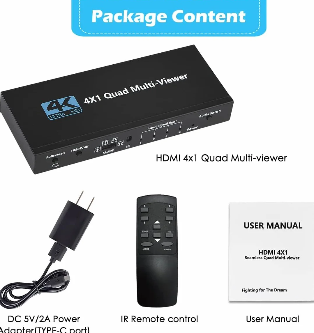 Przełącznik multiiewer HDMI 4x1 4K Bezszwowy przełącznik 4 w 1 Out z pilotem na podczerwień, obsługa 4K Full HD i 5 trybów wyświetlania do konsoli do gier Kamera