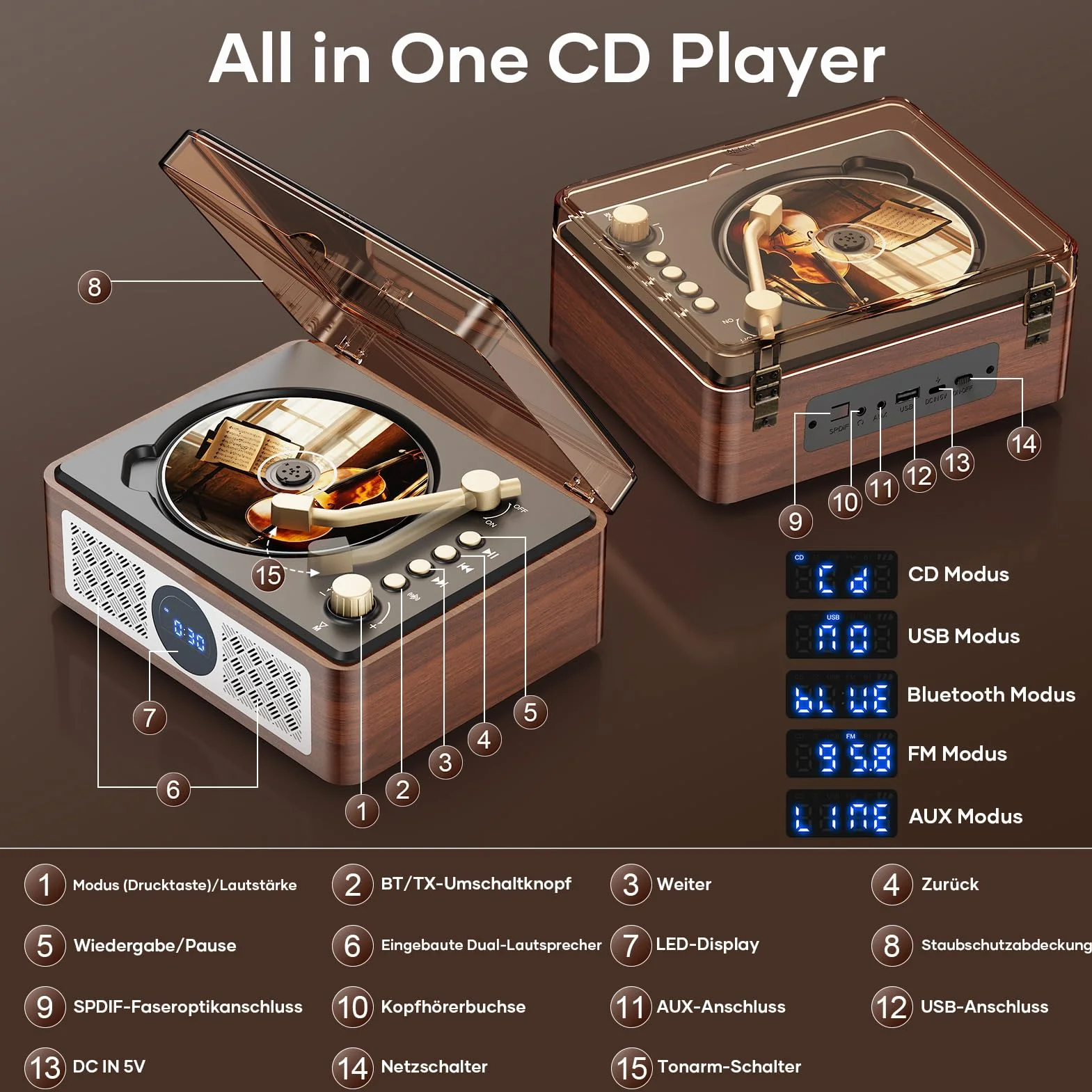 Przenośny odtwarzacz CD Bluetooth z głośnikiem – Lehwey Retro odtwarzacz CD z radiem FM, dźwięk stereo, obsługuje odtwarzanie USB/AUX, odtwarzacz CD w stylu vintage, z pilotem zdalnego sterowania