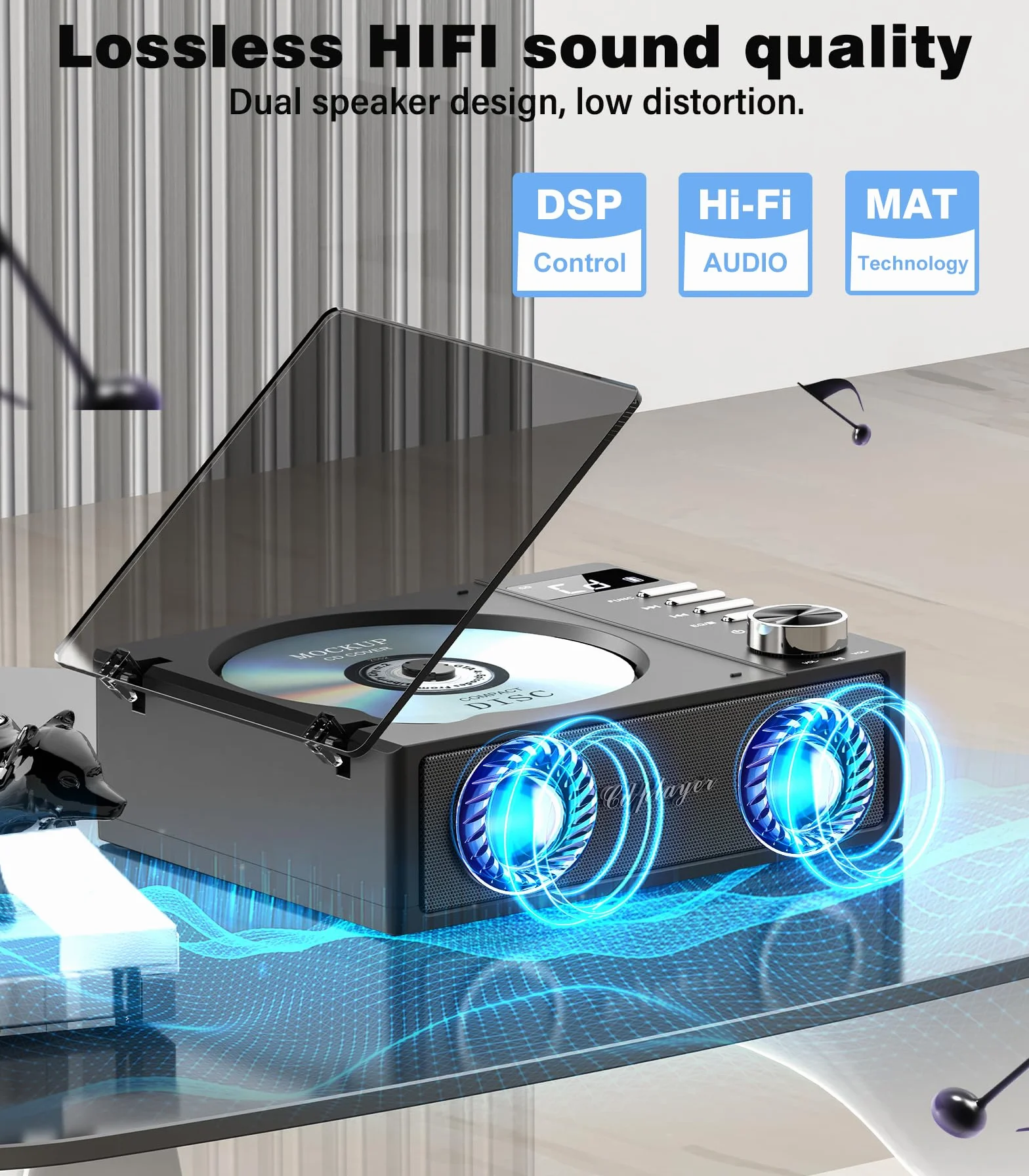 Greadio Przenośny odtwarzacz CD z Bluetooth 5.3, akumulator 4000 mAh, odtwarzacz muzyczny CD z pilotem zdalnego sterowania, podwójne głośniki, wyświetlacz LED, obsługuje USB, kartę TF, AUX do domu