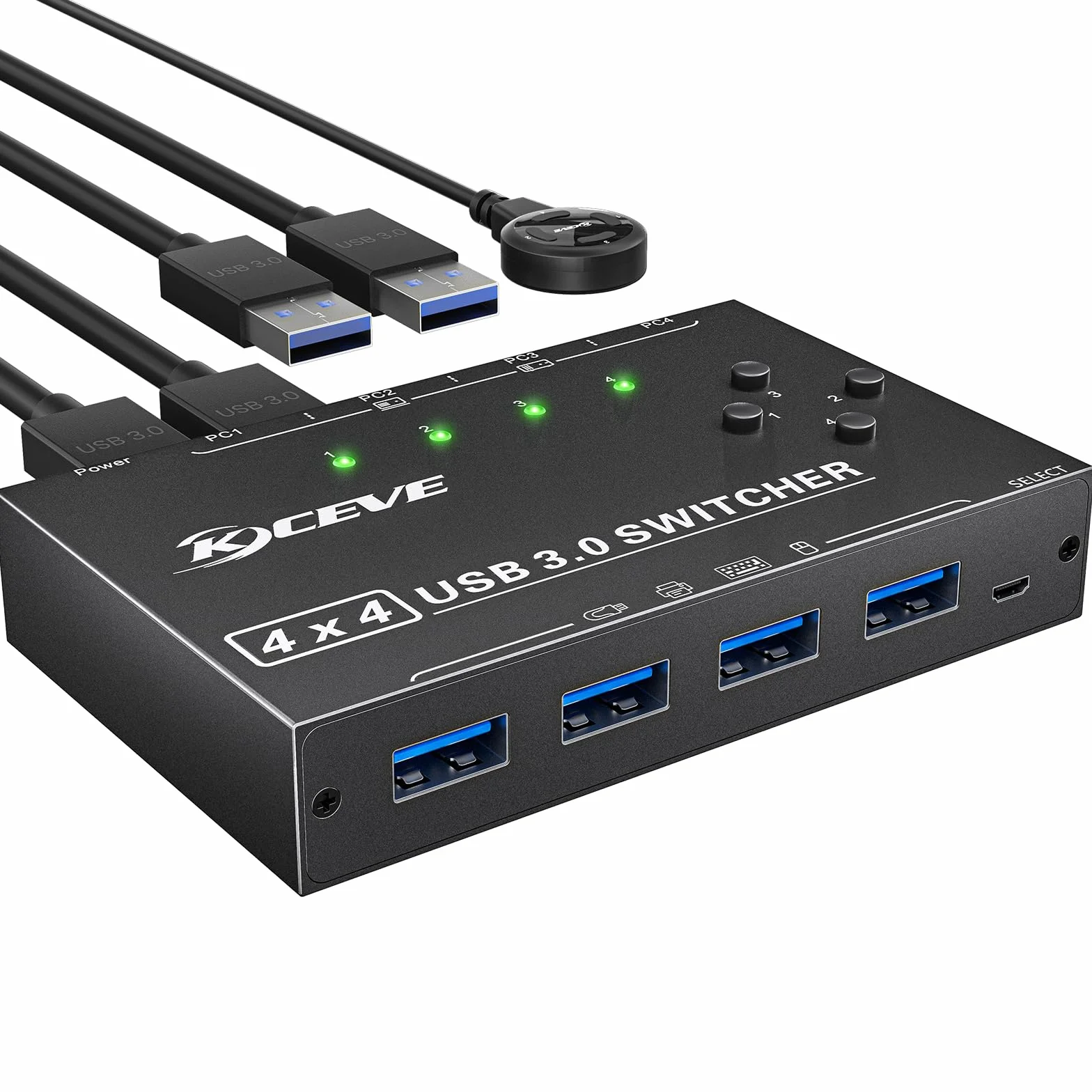 Przełącznik USB 3.0 do 4 komputerów, YOUTINGHDAV 4 wejścia i 4 wyjścia, Switch USB 3.0, do klawiatury, myszy, drukarki, skanera, z przewodowym pilotem i 4 kablami USB 3.0