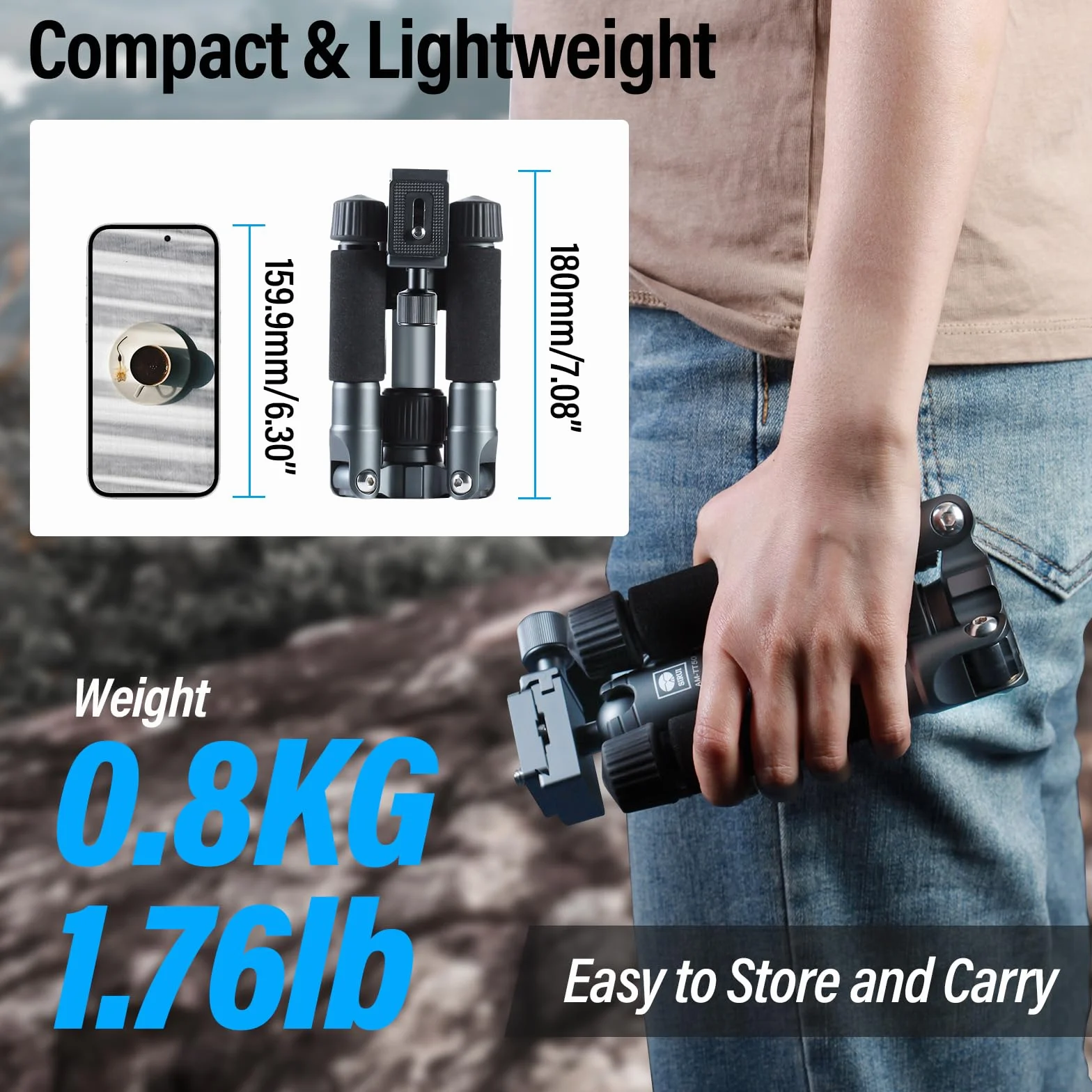 SIRUI Kompaktowy mini statyw biurkowy, 50.8 cm aluminiowy przenośny mały statyw stołowy z głowicą kulową 360° do telefonu z aparatem DSLR, ładowany do 10 kg, uchwyt na telefon w zestawie, AM-TT50