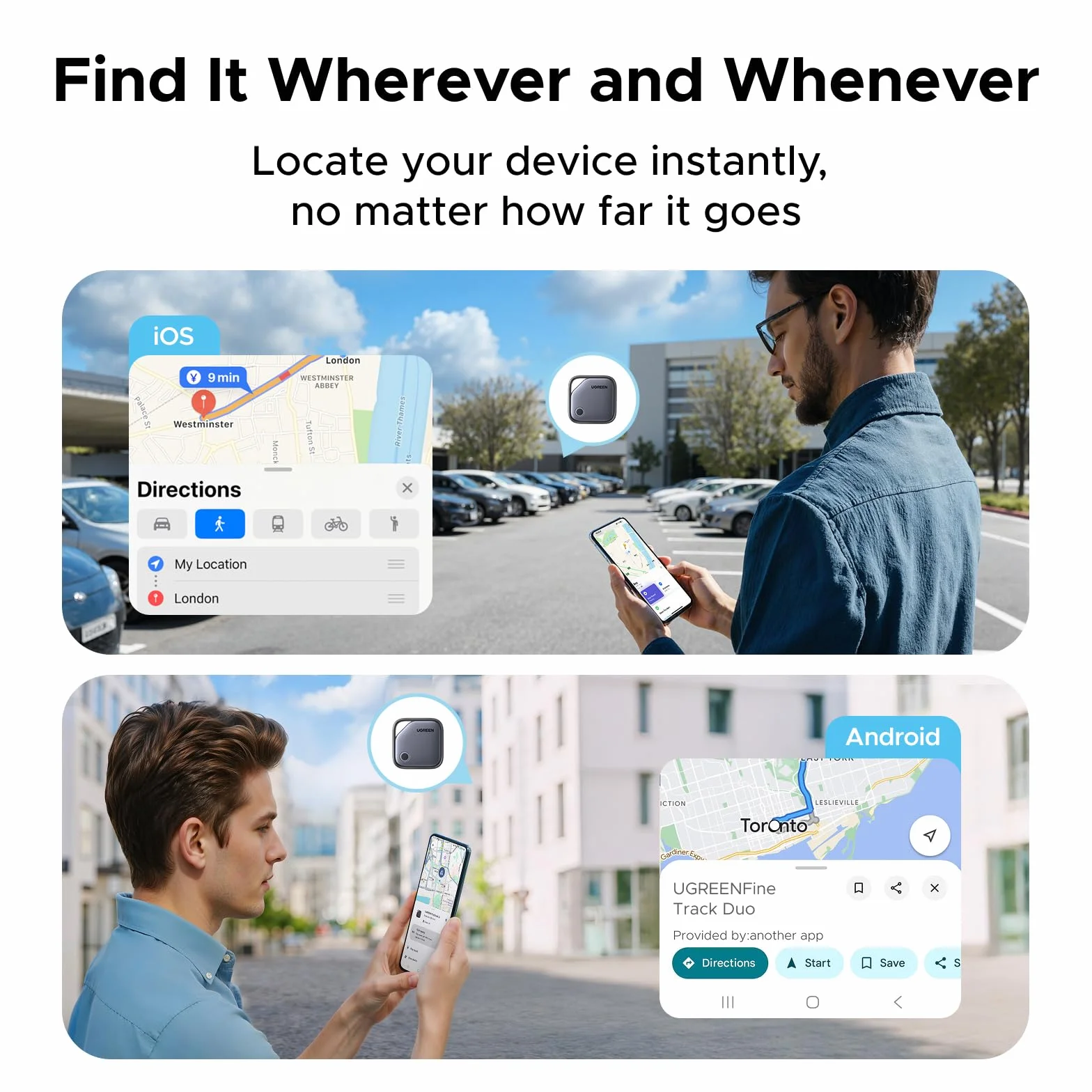 Zestaw 4 sztuk UGREEN FineTrack Duo dla systemu iOS lub Android, ładowalny tracker USB C kompatybilny z Apple Find My lub Google Find Hub, lokalizator kluczy i smarttag do plecaków, walizek itp.