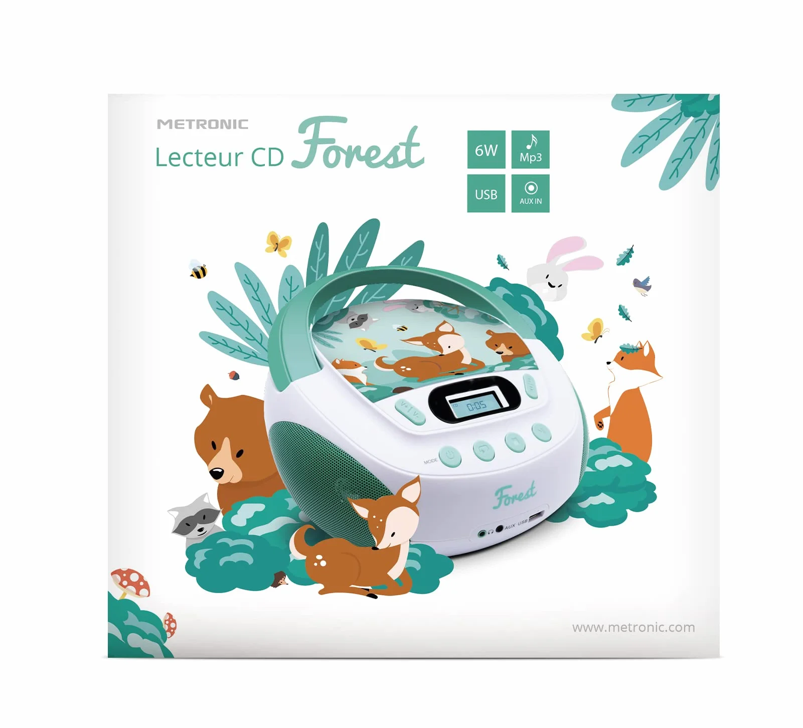 Odtwarzacz CD MP3 Forest Metronic dla dzieci z portem USB i wejściem audio Biały/Zielony