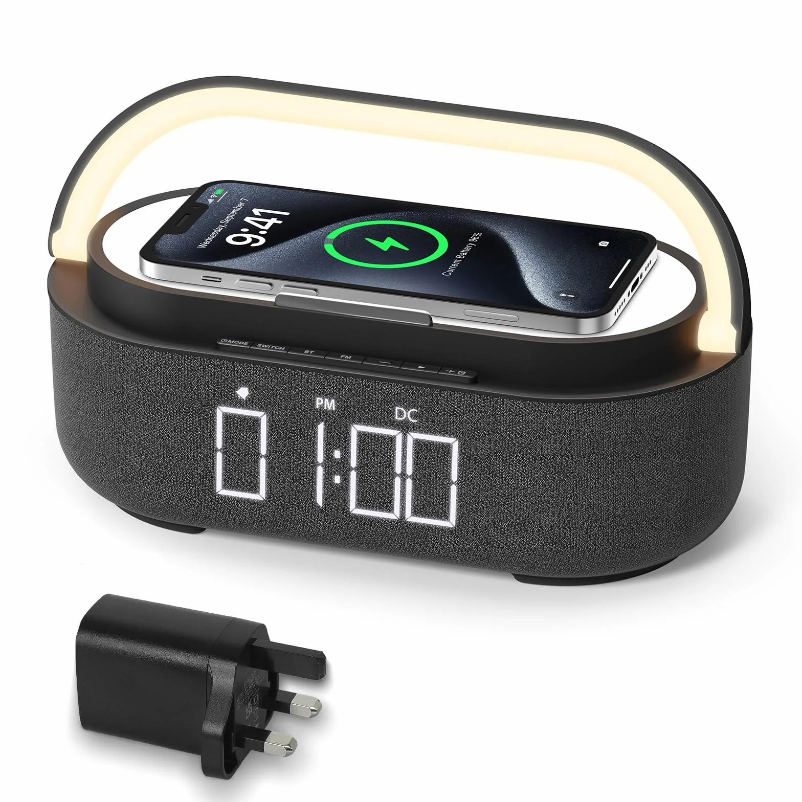 COLSUR Radiobudzik cyfrowy z bezprzewodową ładowarką, głośnik Bluetooth z ładowarką USB, inteligentny budzik, funkcja drzemki, indukcyjna stacja ładująca, lampka nocna, ściemniany wyświetlacz LED i