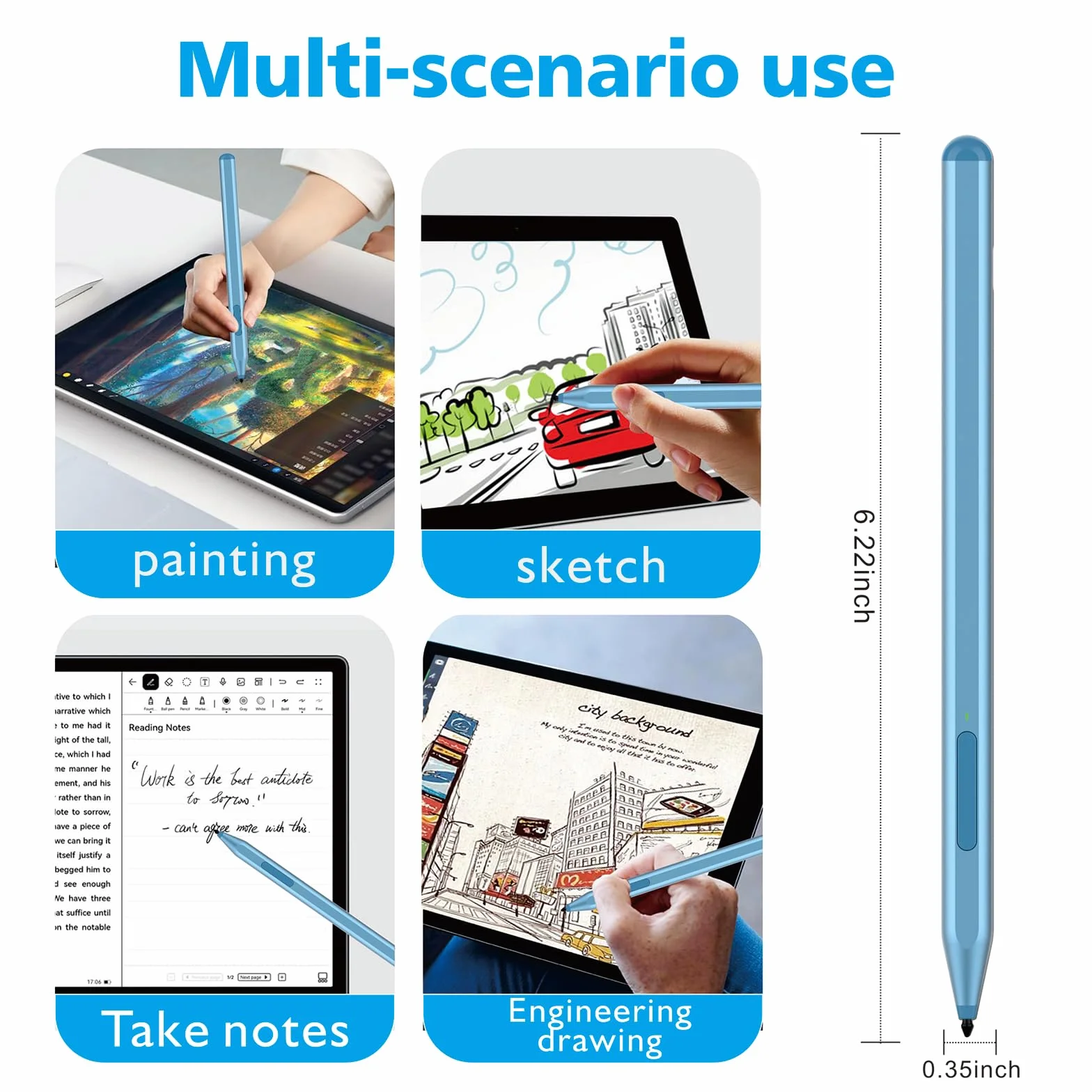 Rysik do Microsoft Surface Pro11/10/9/8/X/7+/6/5/4/3,Surface Go 4/3/3/2/1,Surface Laptop 1-6/Studio/Book 3/2/1 z Bocznym Przyciskiem Gumki,Odrzuceniem Dłoni,Funkcją Pochylenia,Naciskiem 1024 (Blue)