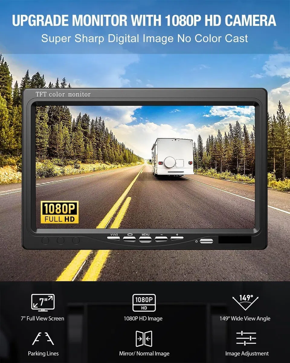 Zestaw kamer cofania z monitorem LCD 7", 2 kamery o rozdzielczości HD, wodoszczelność IP68, widoczność w nocy, kolorowy, do samochodów ciężarowych/przyczep, autobusów, vanów, rolnictwa