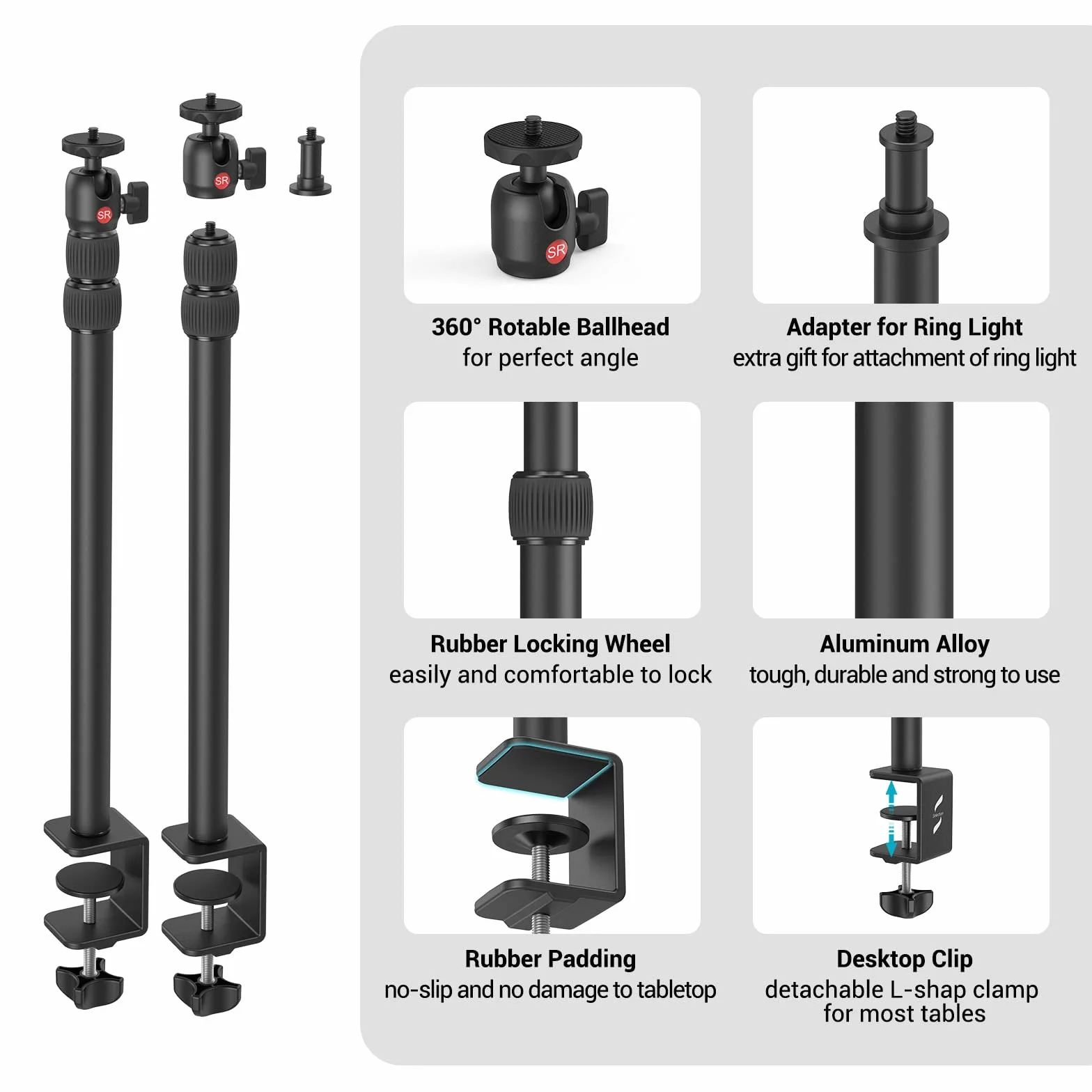 SMALLRIG Wybór 19"-39" Uchwyt na Biurko 2 PCS Stojak Stołowy z Głowicą Kulową 1/4", Zacisk Stołowy C do lustrzanki cyfrowej, Lampa Pierścieniowa, Transmisja Strumieniowa na żywo - 3883