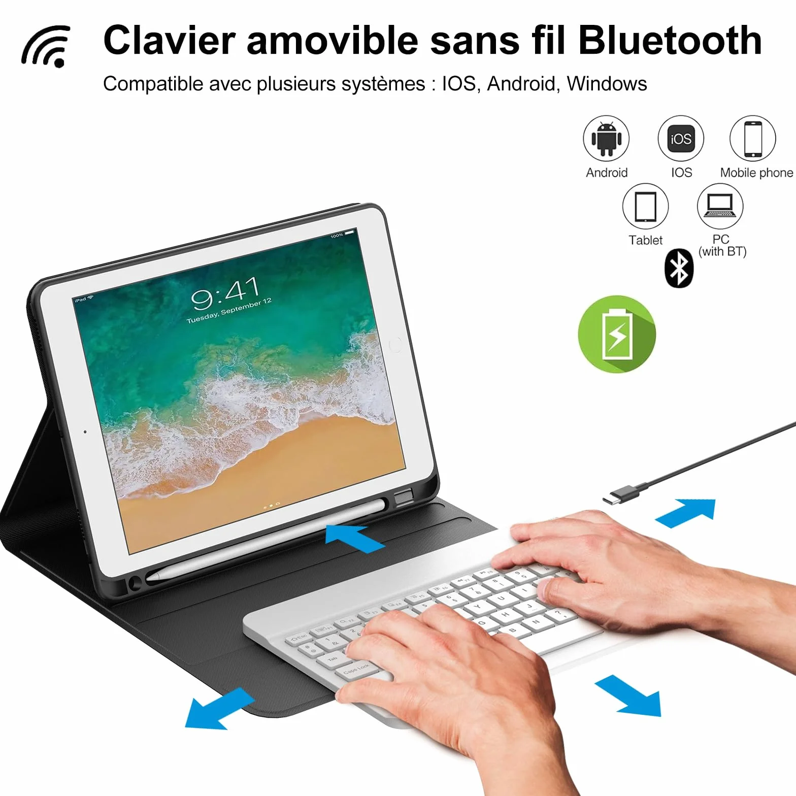 IVEOPPE Etui na klawiaturę do iPada 6/5 EME Generation/Pro 9.7 / Air 2/Air 1 9,7", AZERTY francuski pokrowiec na klawiaturę, zdejmowany układ bezprzewodowy Bluetooth z ołówkiem do iPada 9.7 2018
