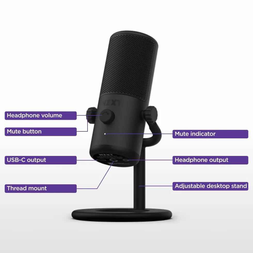 NZXT Capsule Mini USB Mikrofon - AP-WMMIC-B1- Wysoka rozdzielczość - Kardioidalna charakterystyka kierunkowa - do streamingu, tworzenia treści i podcastów - filtr pop - Regulowana podstawka - Czarny