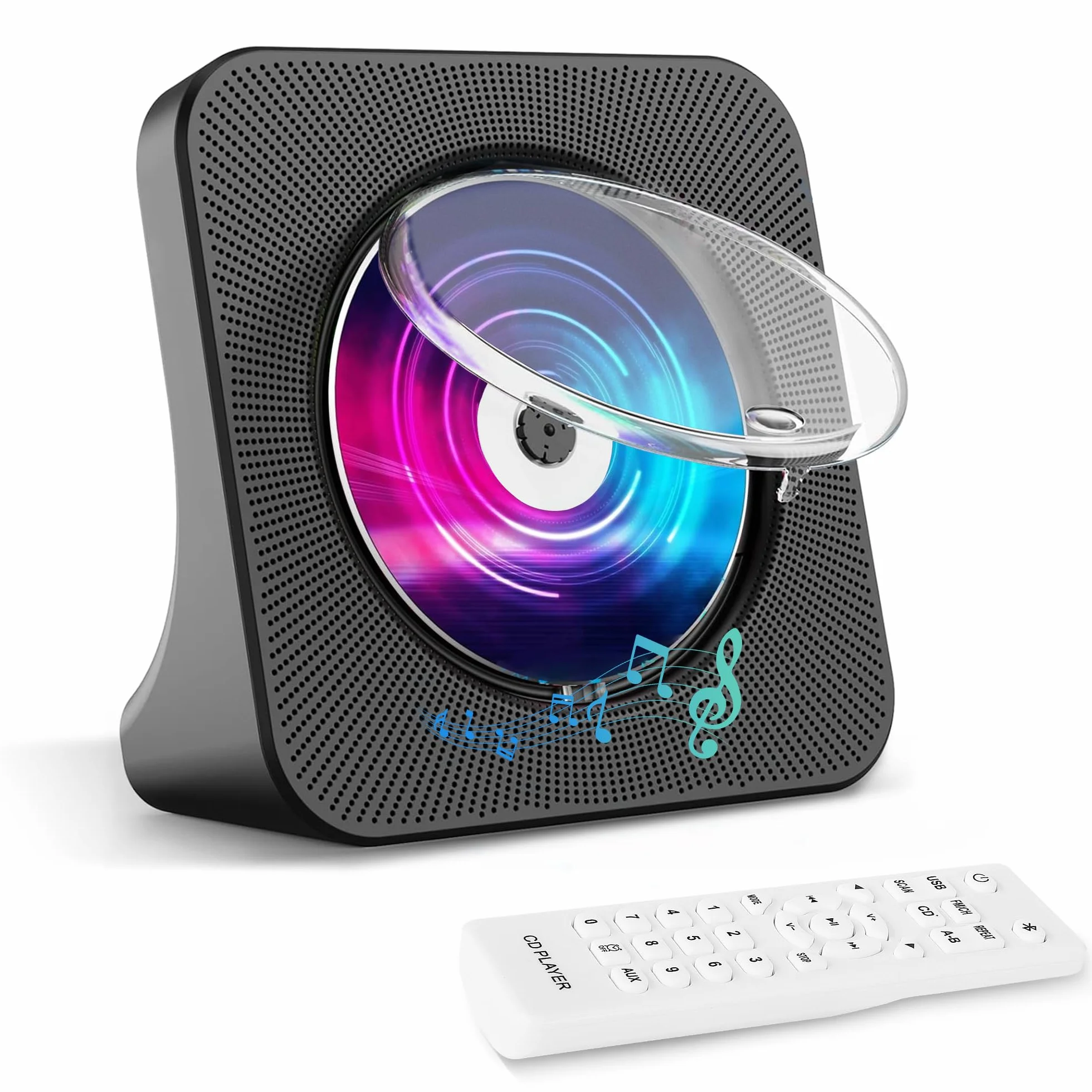 Desktopowy odtwarzacz CD z nadajnikiem Bluetooth, przenośny odtwarzacz radiowy z głośnikami i timerem, odtwarzacz CD z portem AUX/USB, osłona przeciwpyłowa, wyświetlacz LCD