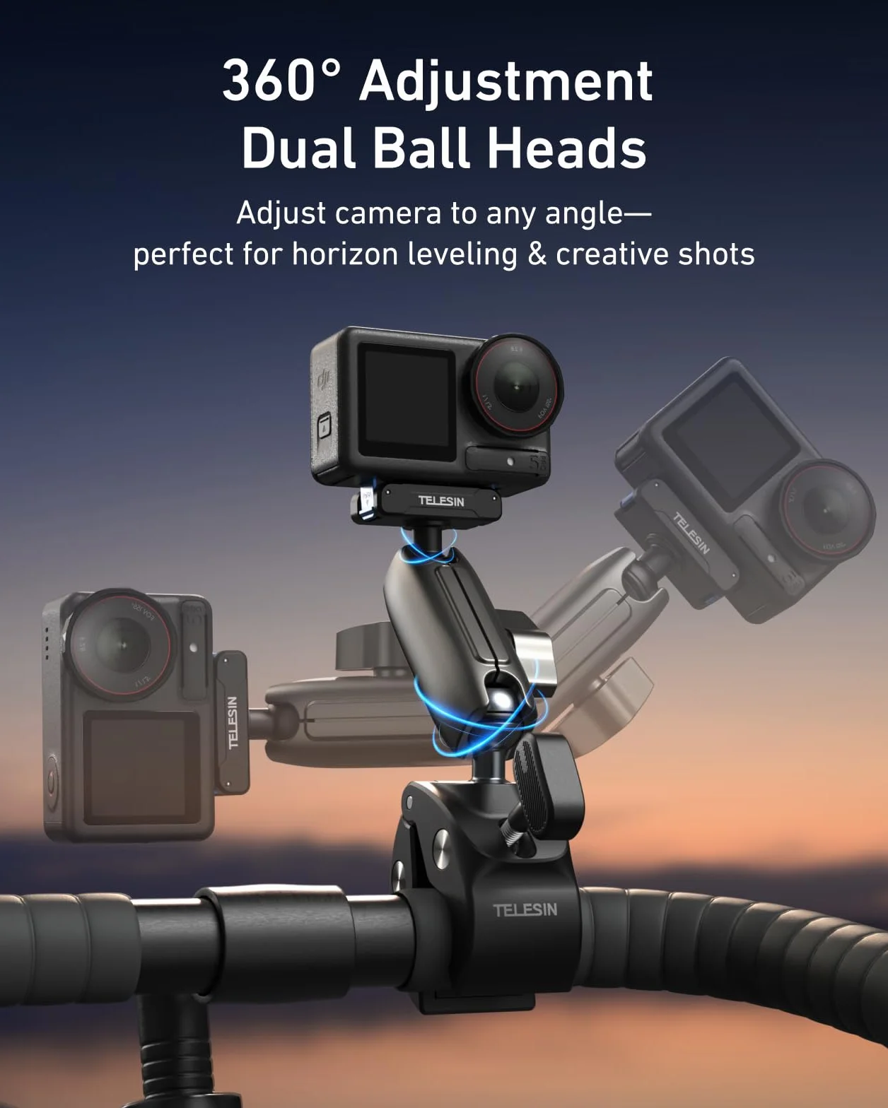 TELESIN Super uchwyt zaciskowy, uchwyt rowerowy do DJI Osmo 360/Action 6 5 Pro/Action 4/Action 3/Pocket 3, klipsy magnetyczne z podwójnym zamkiem | głowica kulowa obracana o 360°, pasuje do kierownicy