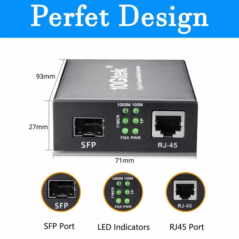 Konwerter mediów Gigabit Ethernet 1,25 G SFP do RJ45 włókno szklane miedź 20 km jednomodowy