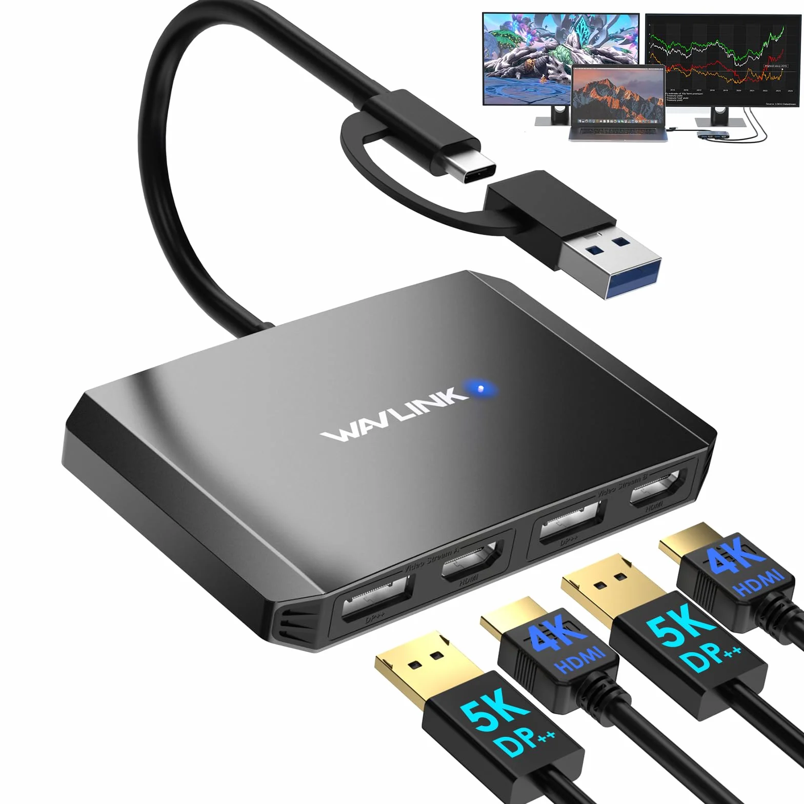 WAVLINK Adapter USB 3.0 USB C na DisplayPort HDMI DisplayLink Dual 5K 4K 60 Hz Monitor Hub Windows M1 M2 Mac czarny