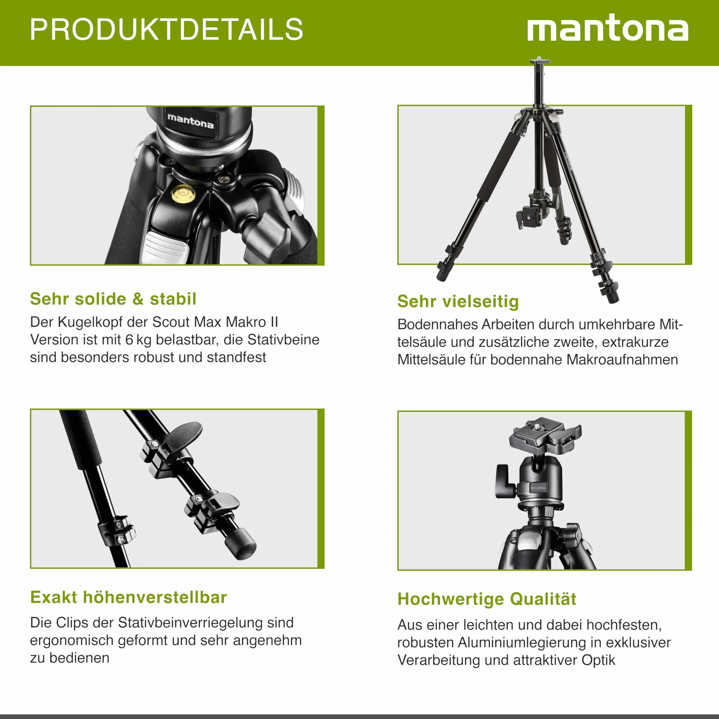Mantona Statyw Pro Makro II (z głowicą kulową, zdejmowaną kolumną środkową i adapterem do uziemienia do makrofotografii, nośność 5 kg)
