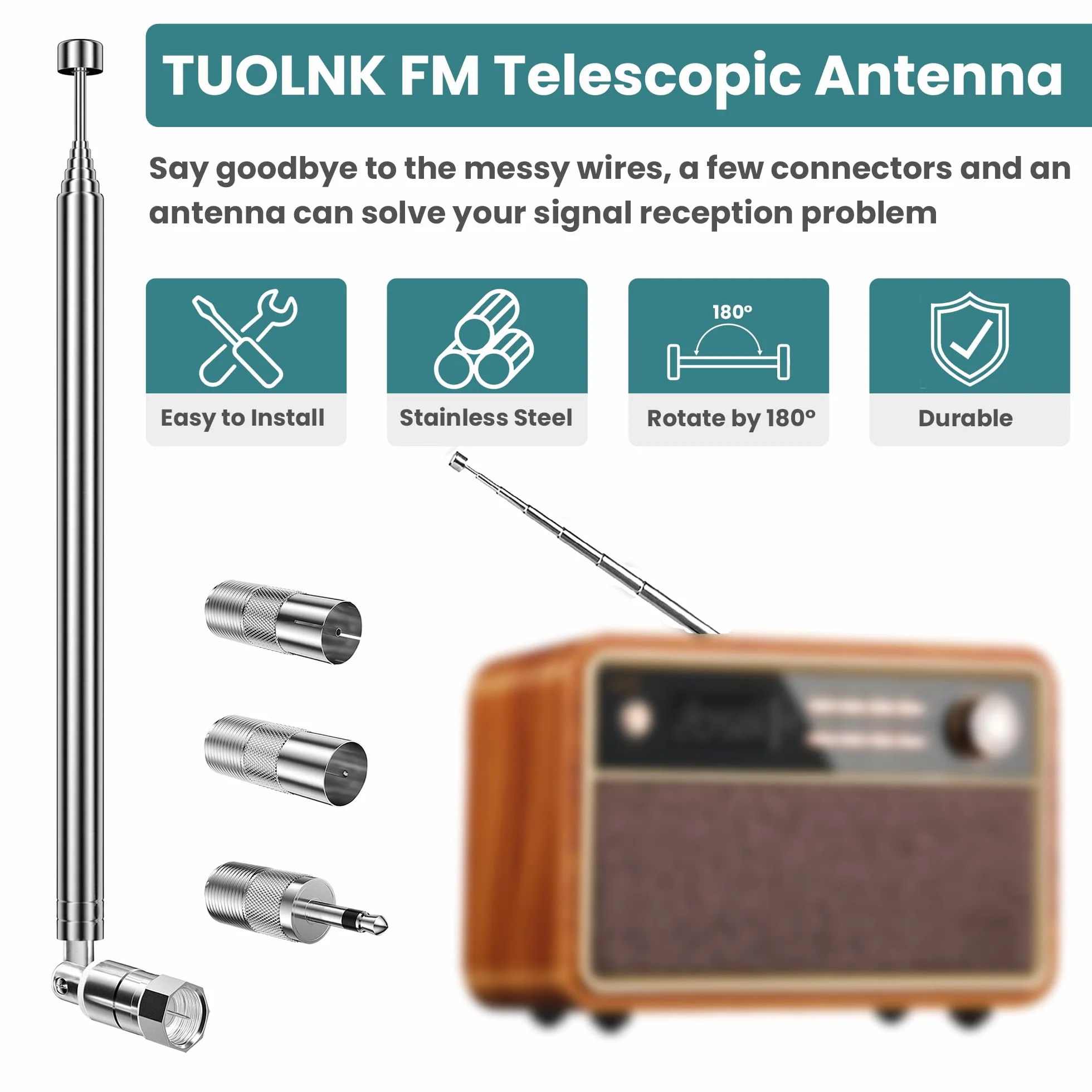 TUOLNK Antena FM do Hifi, antena radiowa Dab 75 omów, teleskopowa antena telewizyjna, wewnętrzne złącze typu F z 3 szt. typu F do telewizora, adaptery męskie F do 3,5 mm do mini radia systemowego