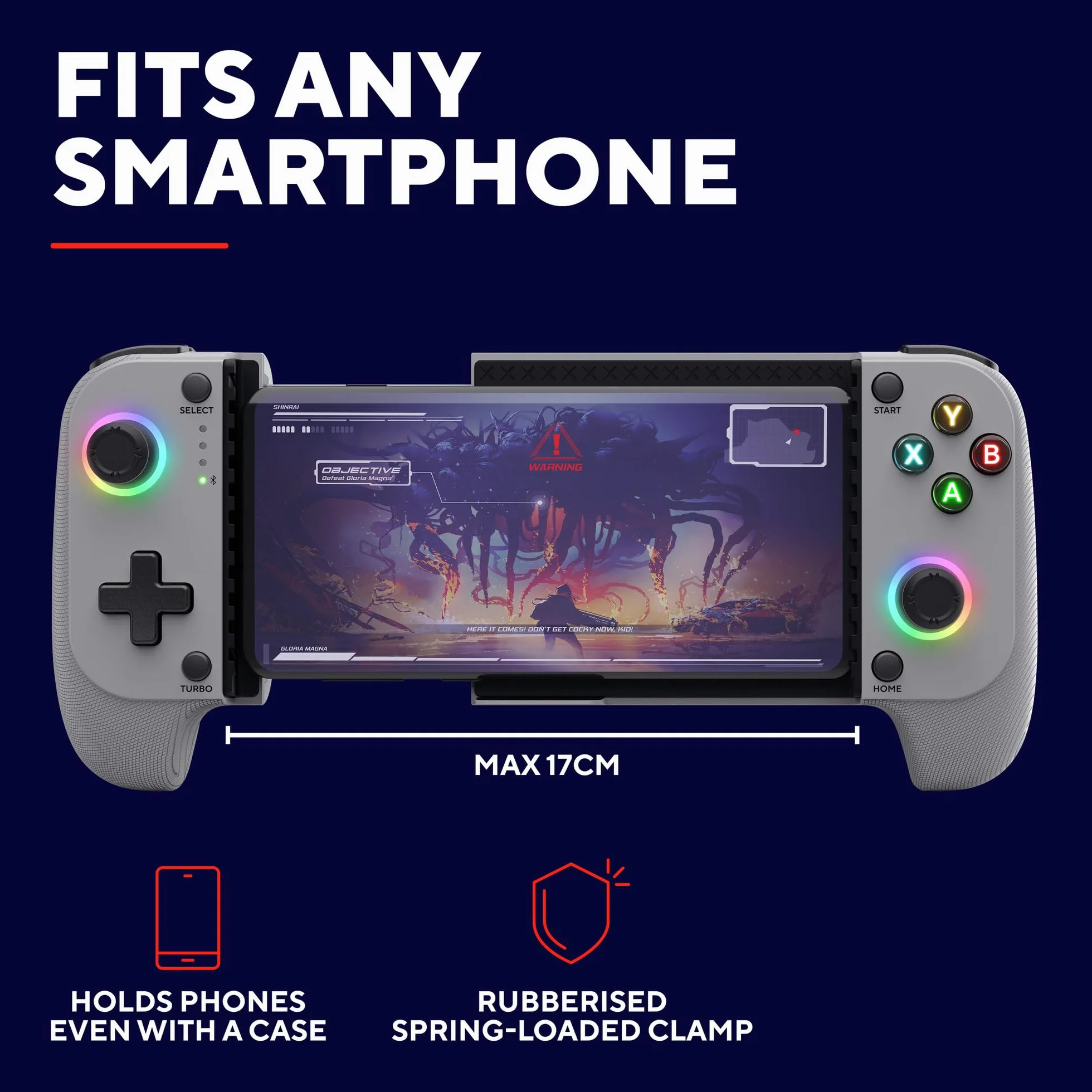 Trust Gaming GXTrust 735G Mylox Kontroler do Gier z Uchwytem na Telefon iPhone Android PS5 Xbox, Akumulator do 12h, Gamepad Bluetooth do Smartfona, Podświetlenie LED RGB, 18 Przycisków, Szary