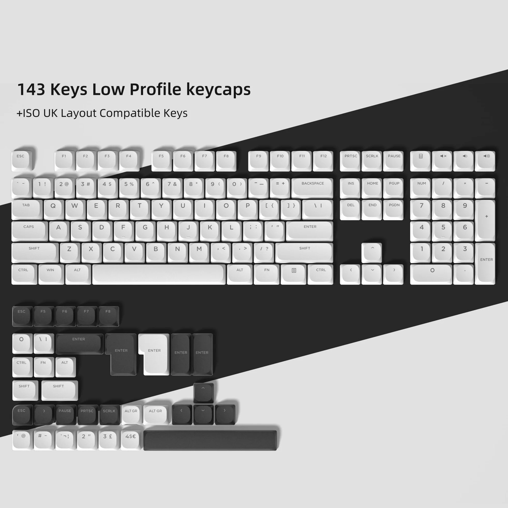 Niskoprofilowe nakładki na klawisze klawiatury, 143 PBT, ANSI US/ISO UK, 60%, 65%, 75%, 80%, 100% klawiatura mechaniczna, białe